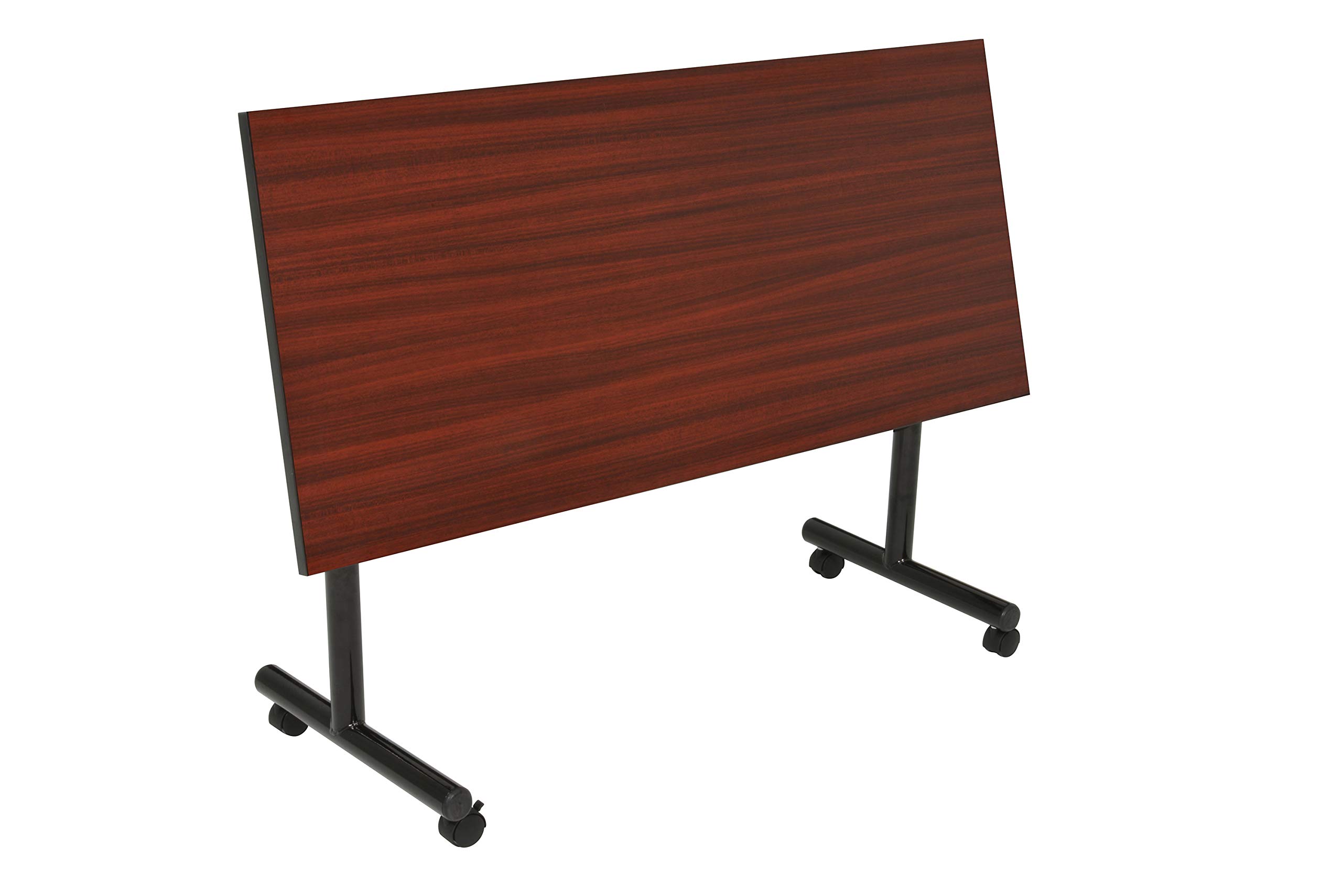 Kobe 48-Inch Flip Top Mobile Training Table with Mahogany Finish & 2 'M' Stack Chairs in Burgundy - Foldable Conference Table Set for Office Meetings, Classrooms, and Training Sessions