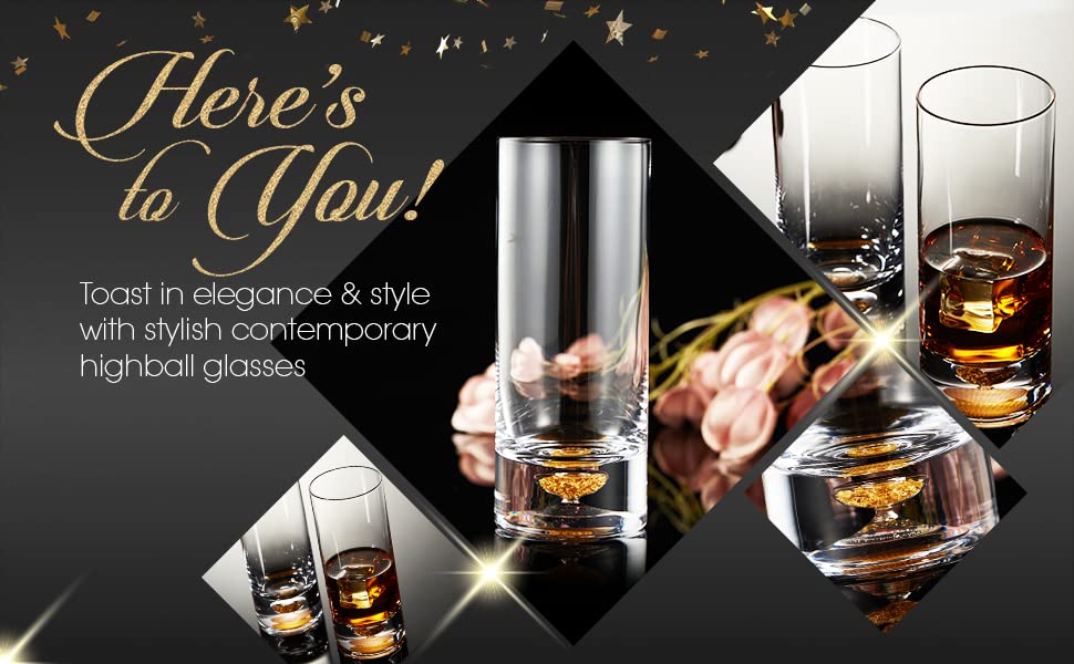 Premium Highball Glasses Set of 2 - 8.5oz Elegant Cocktail Glasses with Gold Flake Design for Whiskey, Gin & Tonic, Mojitos - Perfect for Home Bar, Parties & Gifts