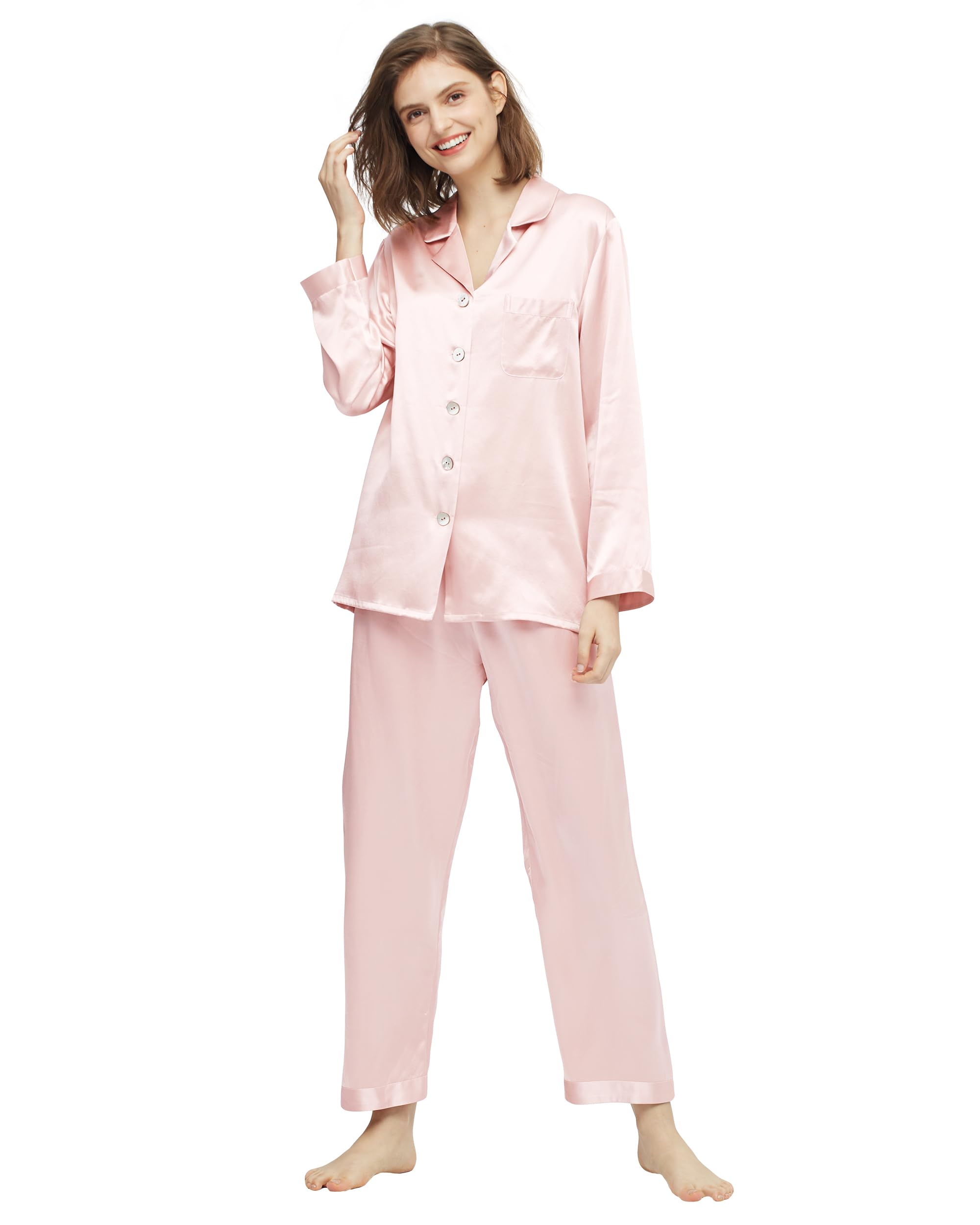 Luxury 100% Mulberry Silk Pajamas for Women - 22 Momme Pure Long Sleeve Full Length Silk Nightwear | Soft & Breathable Sleepwear for Comfortable Nights, Perfect Gift for Mother's Day & Anniversary