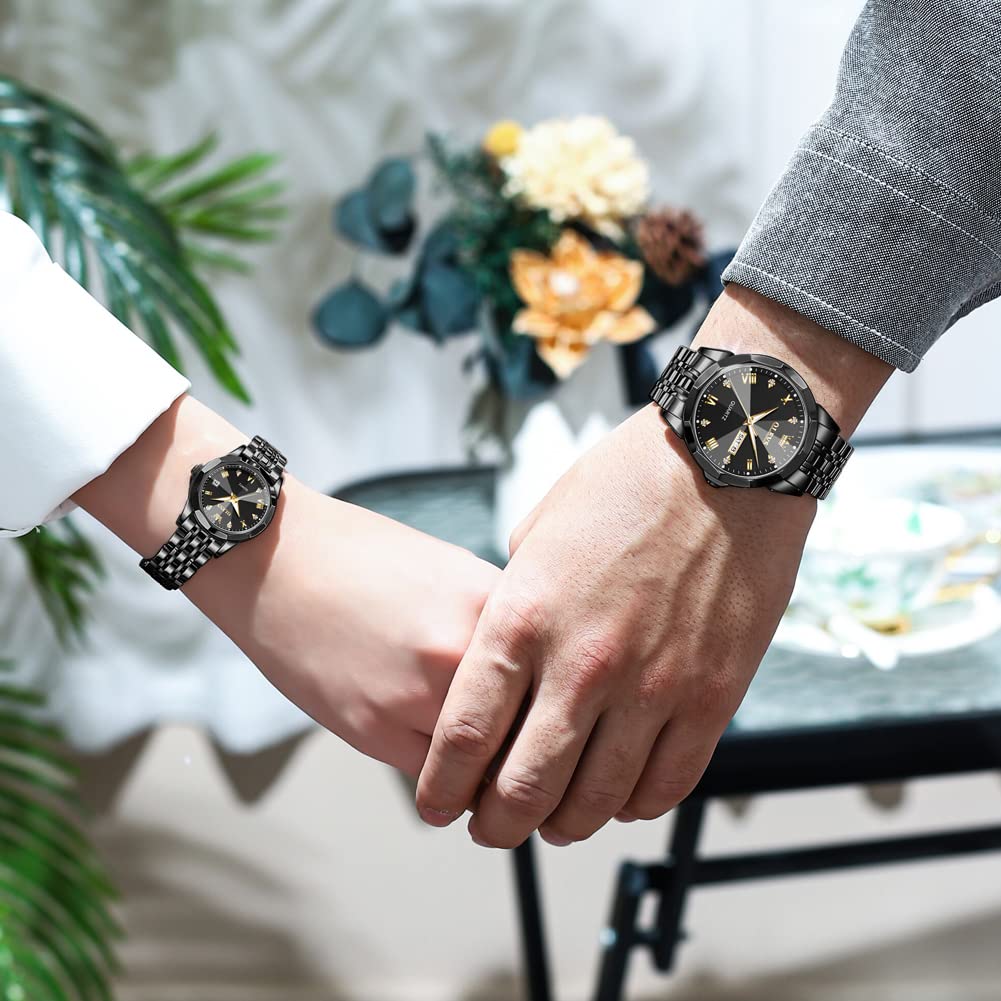 OLEVS Valentine's Day Couple Watches Set - His and Hers Stainless Steel Quartz Wristwatches with Luminous Hands, Date Window & 3ATM Waterproof - Perfect Romantic Gift for Anniversaries, Weddings & Couple Matching (Set of 2) | Great for Date Nights, Special Occasions & Everyday Wear