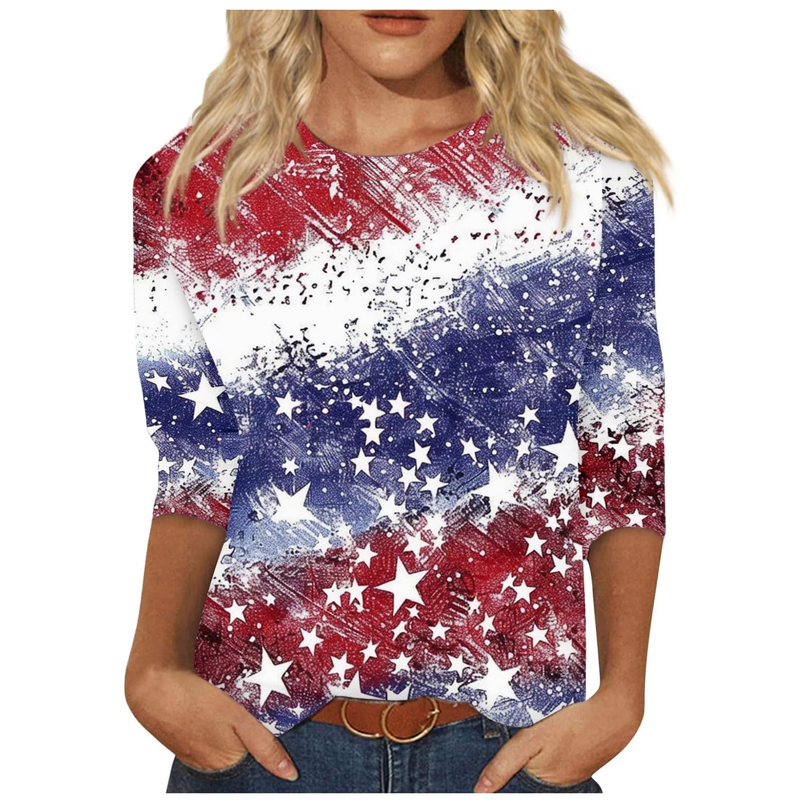 Women's 4th of July Patriotic Shirts - 3/4 Sleeve Dressy Casual Summer Tops for Independence Day Celebrations, BBQ Parties & Outdoor Festivals