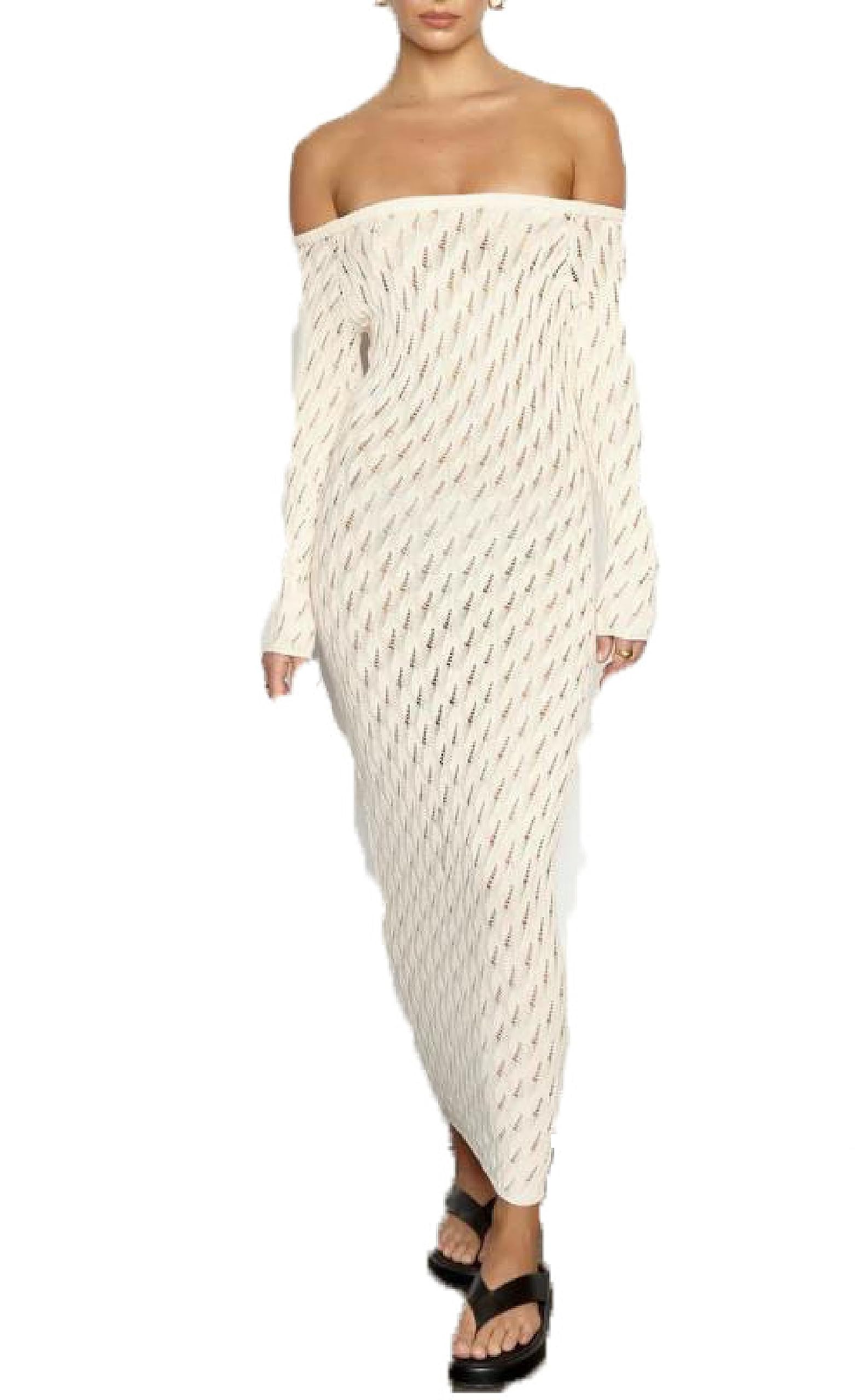 Sexy Off Shoulder Sweater Maxi Dress for Women - Y2K Long Sleeve Ribbed Bodycon Dress, Knitted Slim Pencil Dress for Date Night & Party Wear