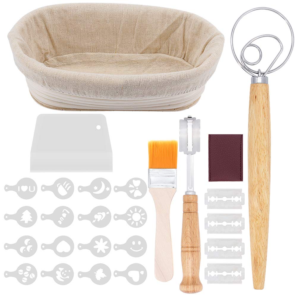 Gearific 10 Inch Oval Bread Proofing Basket - Natural Rattan Sourdough Proving Basket with Baking Kit (Includes Cloth Liner, Dough Scraper, Bread Lame, Brush & 16 Decor Stencils) - Perfect for Artisan Bread Baking, Homemade Sourdough & Rustic Loaves