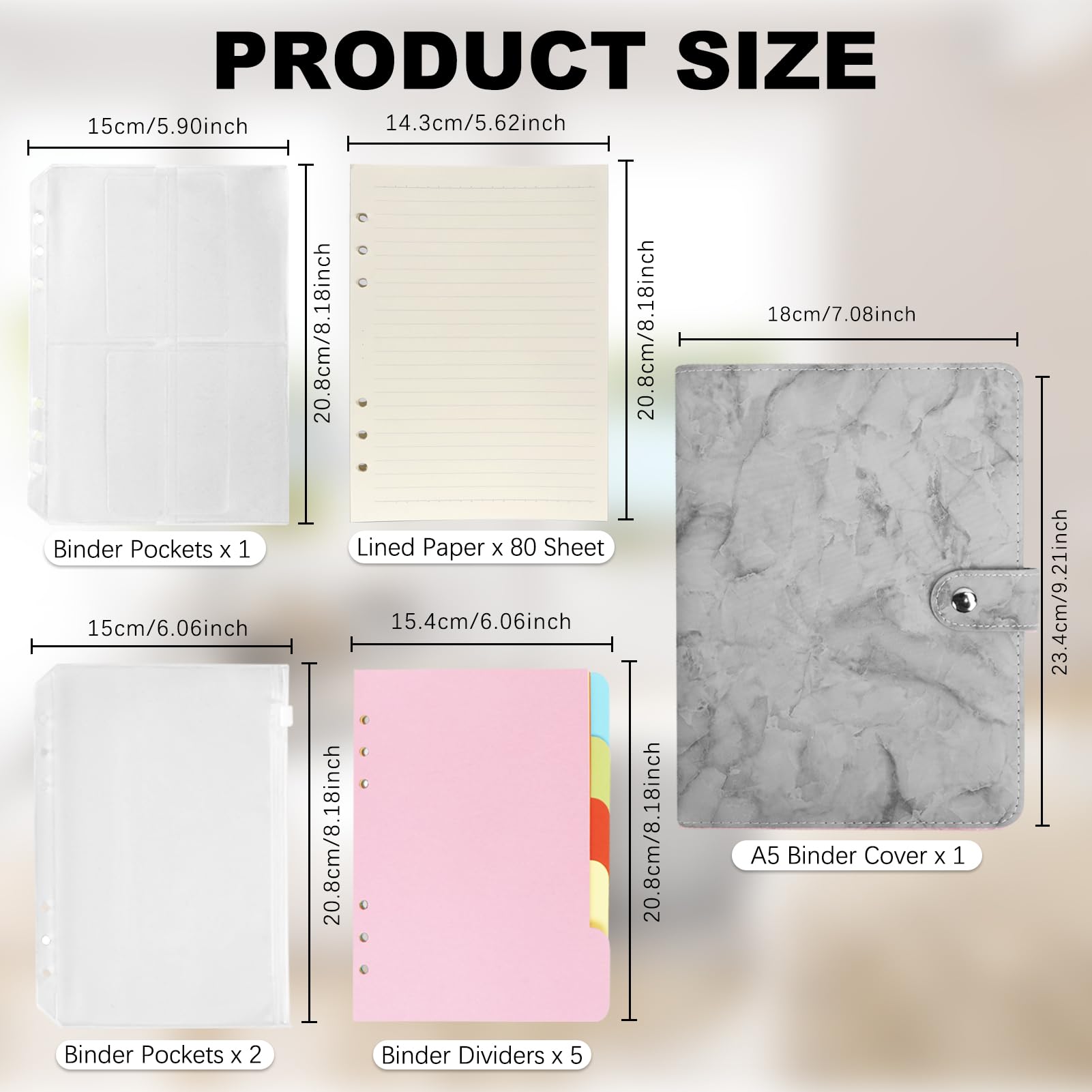 Premium A5 PU Leather 6-Ring Binder Notebook with Refill Paper & Magnetic Closure - Marbling Grey | Organizer for School, Office & Business Meetings | Fits 6-Hole A5 Filler Paper