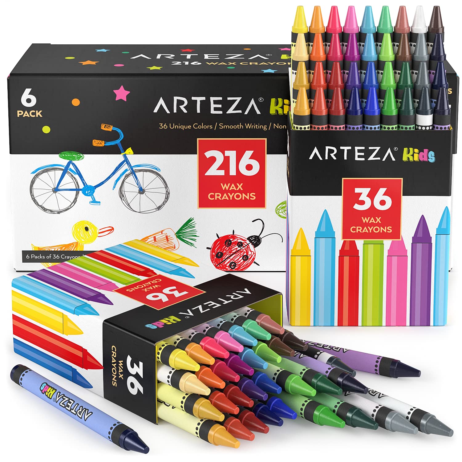 Arteza Kids Toddler Crayons - 216 Count Bulk Pack (6 Sets of 36 Vibrant Colors) | Non-Toxic Regular Size Crayons for Classroom, Art Projects & Early Childhood Development