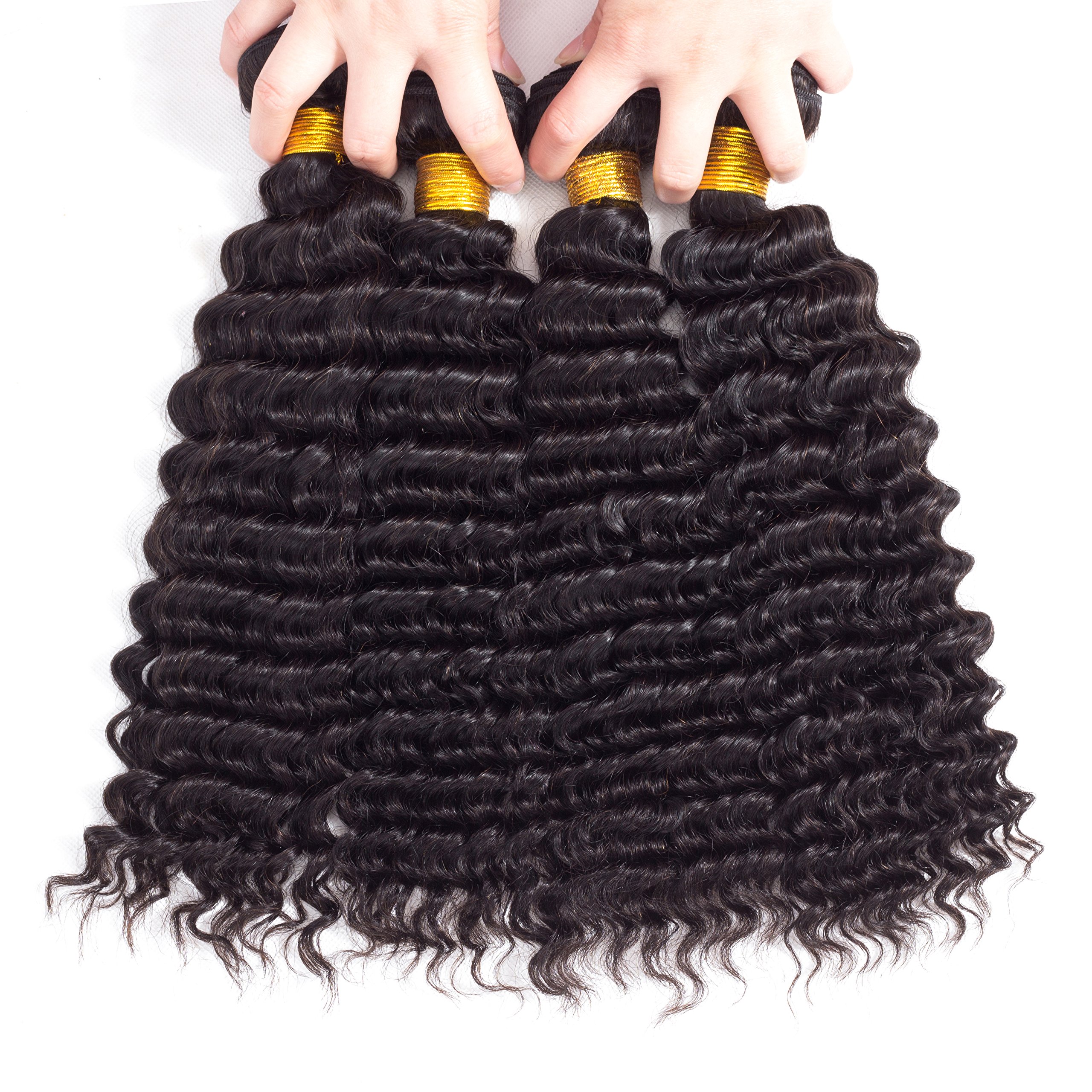 14-20 Inch Deep Wave Brazilian Human Hair Bundles - 4 Pcs Natural Black Loose Wave Hair Extensions for Styling, Weaving & Voluminous Looks