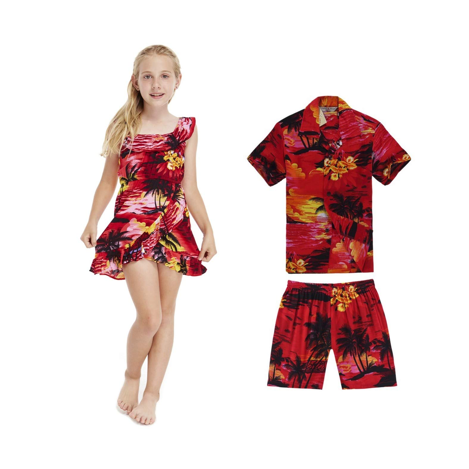 Hawaiian Luau Wrap Outfits for Siblings - Matching Boy and Girl Tropical Sunset Print Outfits | Perfect for Beach Parties, Family Photos & Summer Vacations