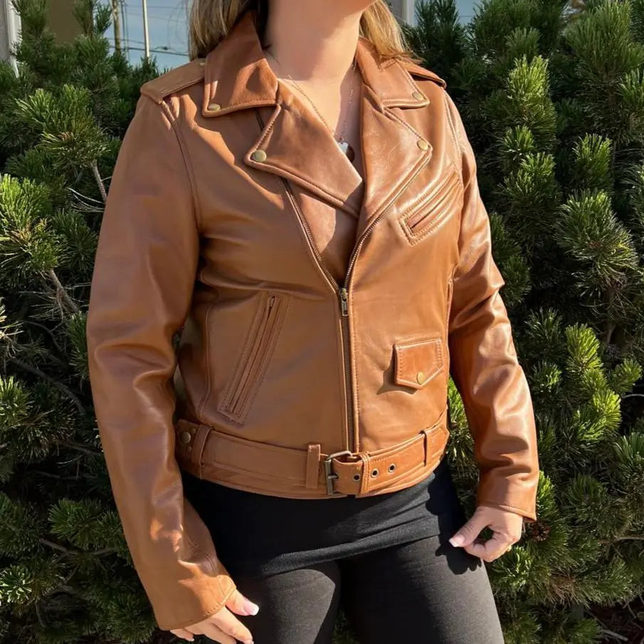 Women's Genuine Lamb Leather Biker Jacket with Adjustable Belt - Stylish Motorcycle Outerwear for Riding & Fashion