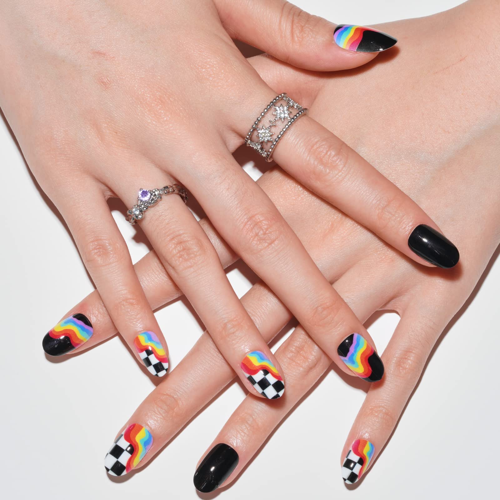 GLAMERMAID Medium Oval Press on Nails - Handmade Gel Fake Nails with Checkerboard Design, Short Oval Acrylic Nail Kit - Reusable Full Cover Stick on Nails for Women | Perfect for Parties, Weddings & Everyday Wear