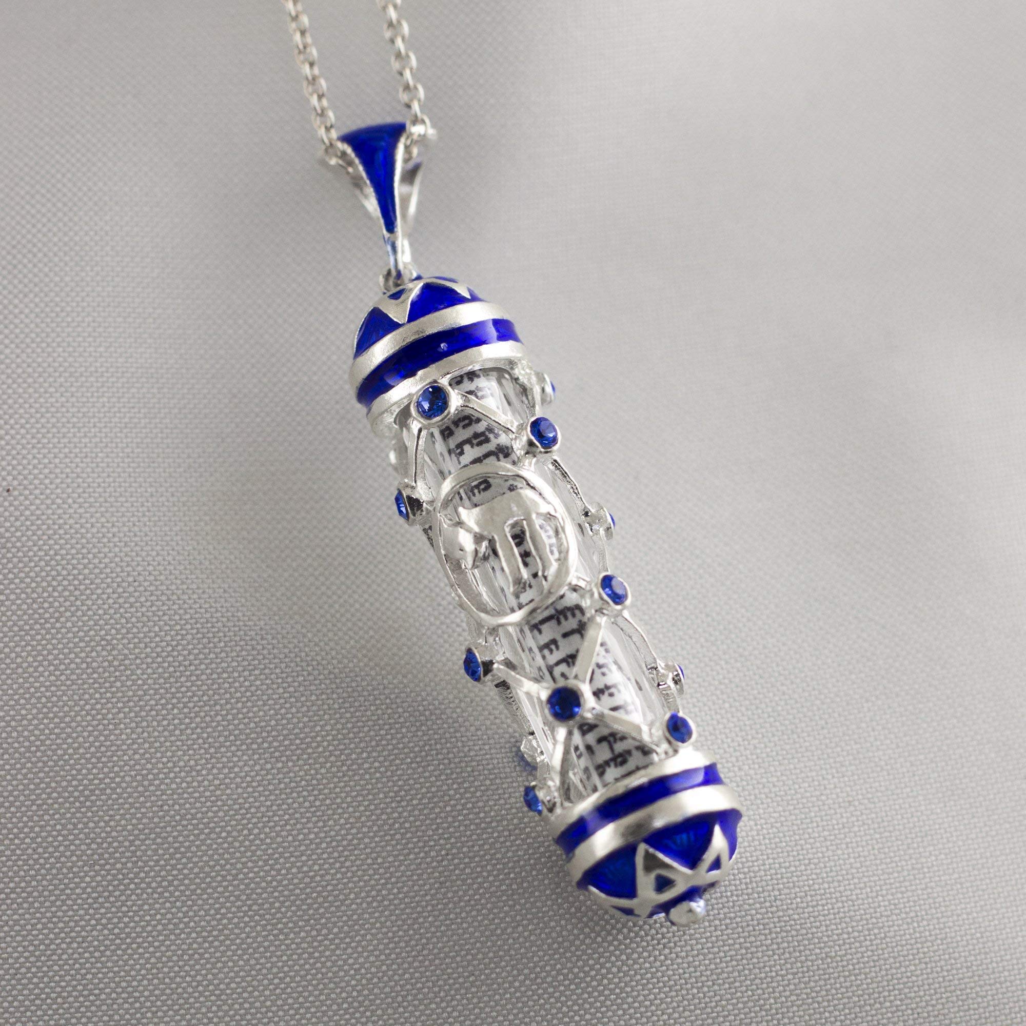 925 Sterling Silver Mezuzah Necklace with Hebrew Prayer - Chai Pendant in Blue, Jewish Jewelry Gift for Women & Men - Perfect for Hanukkah, Bar Mitzvah & Religious Occasions