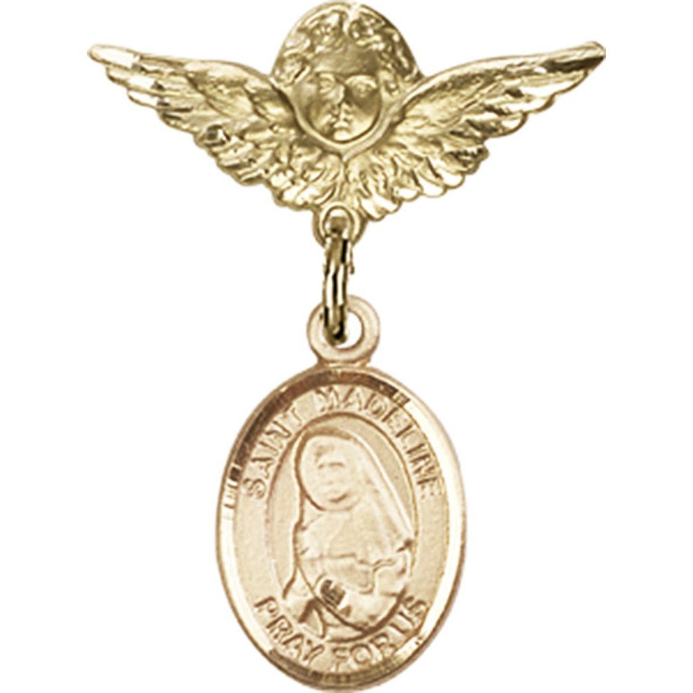 Gold Filled Baby Badge Pin with St. Madeline Sophie Barat Charm & Angel Wing Design - 1