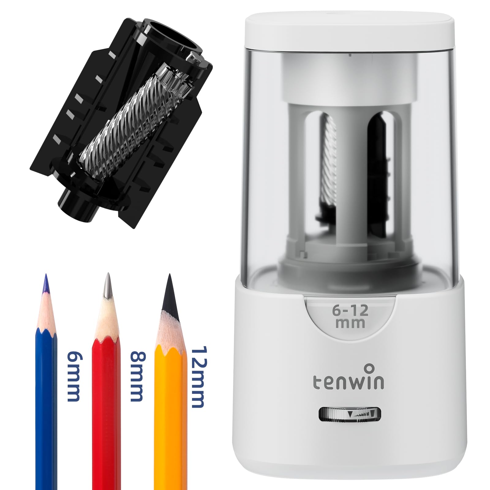 Electric Pencil Sharpener with Auto Stop - Fast & Precise Helical Blade for 6-12mm Colored Pencils - Plug-in Sharpener for Home, Office & Classroom Use (White) - Perfect for Artists, Students & Teachers