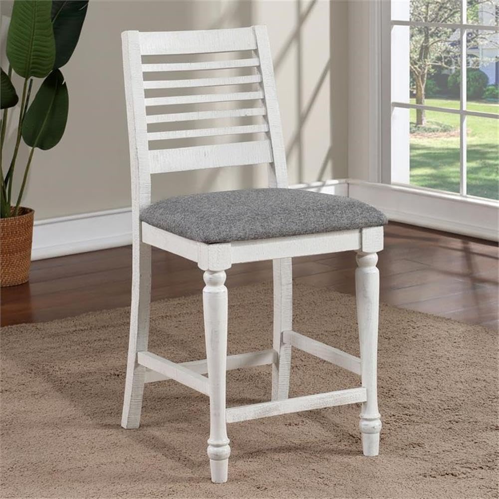 Furniture of America Treon Wood Padded Counter Height Bar Stools - Set of 2 Antique White Kitchen Island Chairs for Dining Room & Breakfast Nook