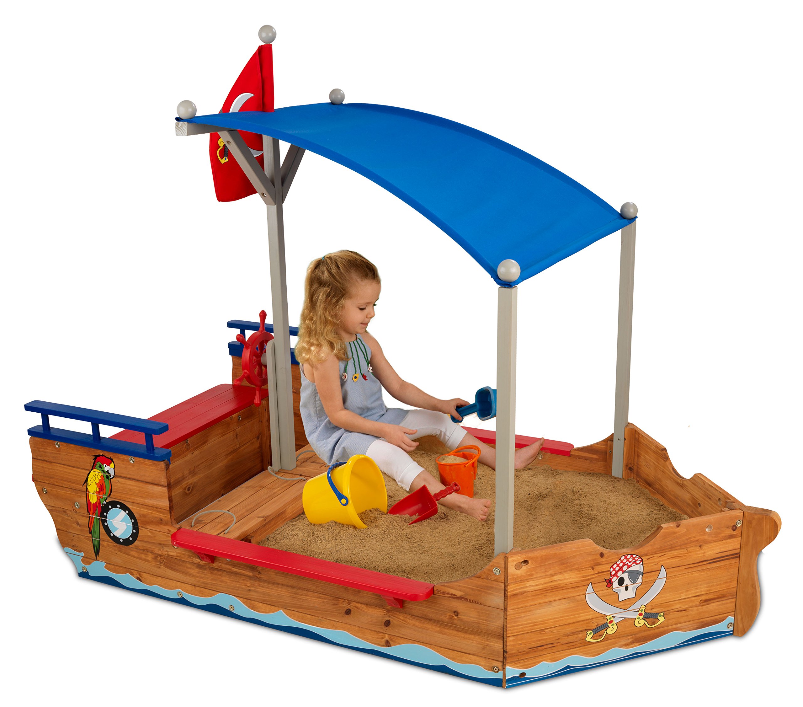 KidKraft Wooden Pirate Sandbox with Canopy - Outdoor Covered Sandbox for Kids Ages 3-8, Durable Children's Sand Play Table with Shade, Blue & Red Backyard Playhouse - Perfect for Beach-Themed Play, Outdoor Birthday Gifts & Backyard Fun