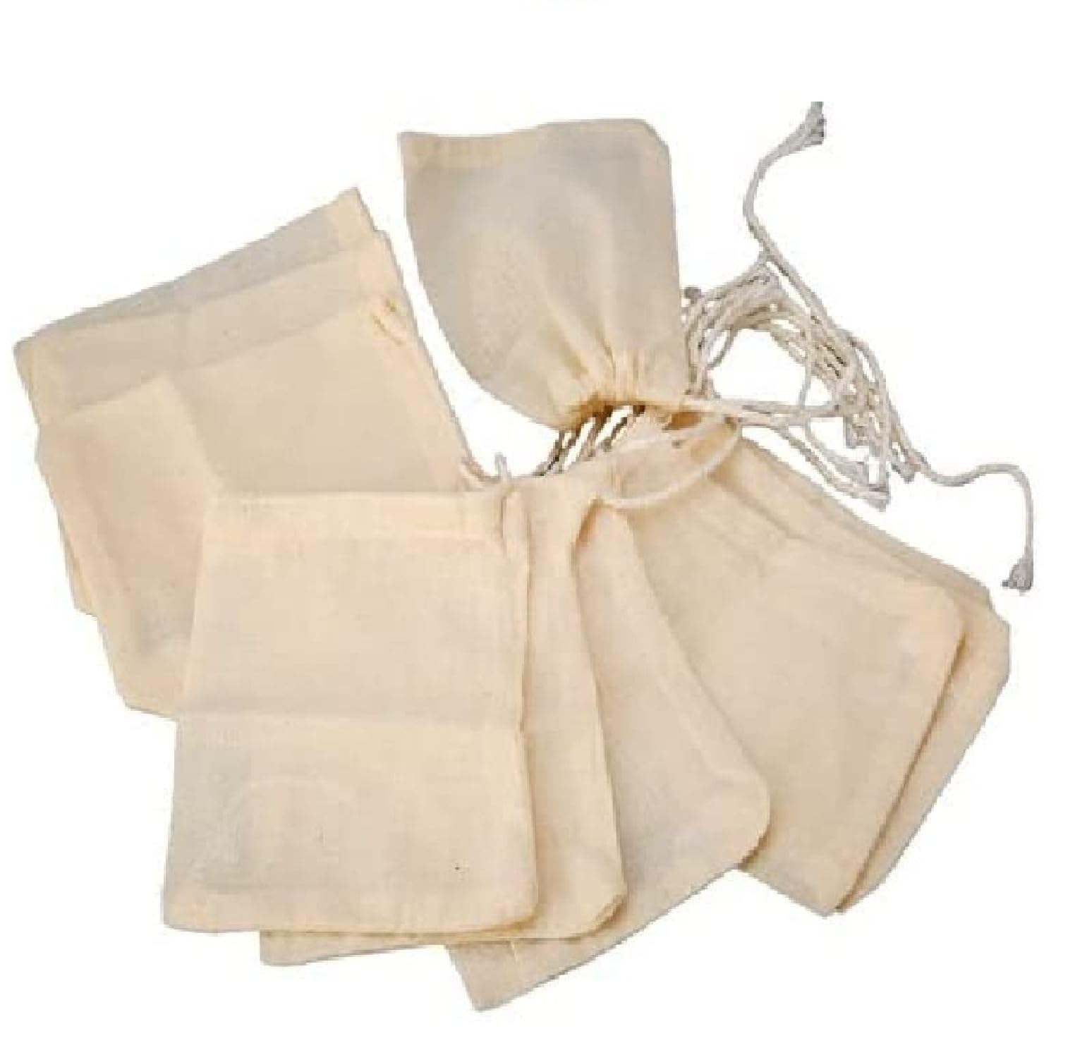 WUD 10-Pack Unbleached Cotton Muslin Cheesecloth Bags - 7x5 Inches Reusable Kitchen Strainer for Juicing, Spice Infusion, Sprouting Beans & Bouquet Garni | Eco-Friendly Food Grade Mesh Bags for Cooking, Brewing & Herb Sachets