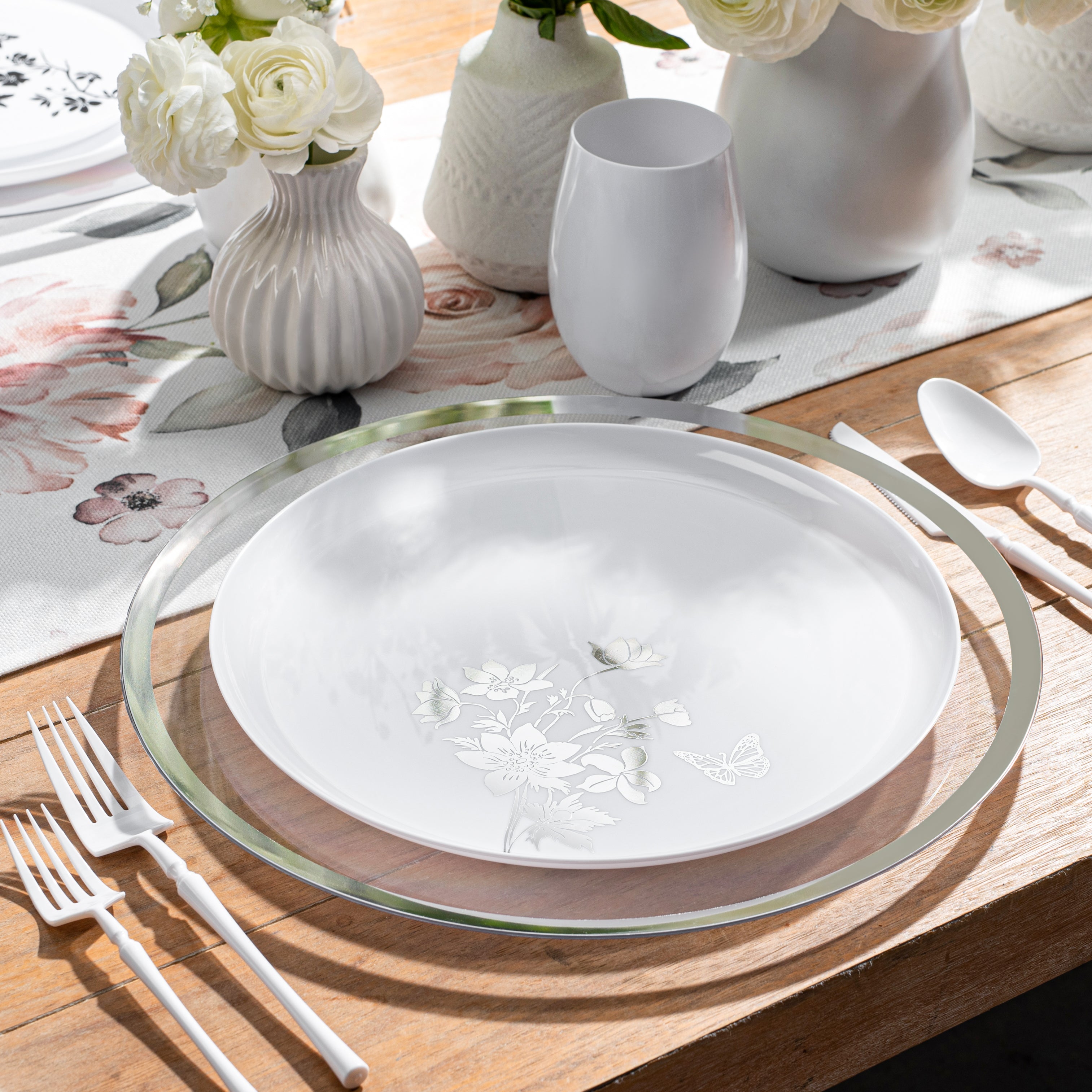White and Silver Round Plastic Plates - Durable Disposable Dinnerware for Parties, Picnics & Outdoor Dining - Perfect for Garden Edge Decorations & Backyard BBQs