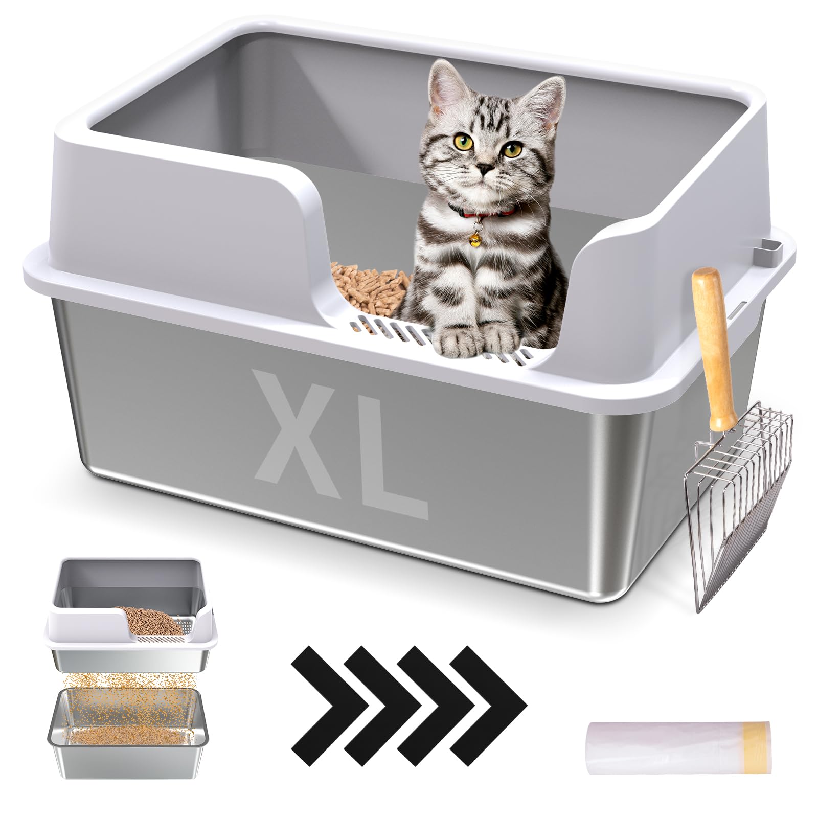 XL Stainless Steel Sifting Cat Litter Box with Sifting Tray & Bottom Pan - High Sided, No Mess, Odor Control, Easy Clean Metal Litter Box with Scoop & 10 Liners - Perfect for Multi-Cat Homes & Odor-Sensitive Spaces