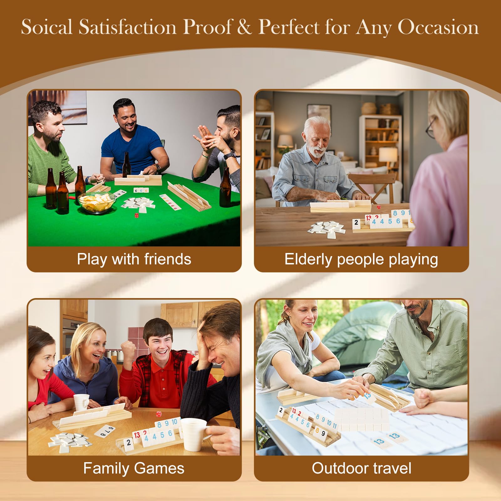 Premium 8 Players Rummy Tile Game Set - 214 Durable Melamine Tiles with 8 Wooden Racks & Drawstring Bag - Portable Travel Board Game for Adults - Perfect for Family Game Nights, Parties, Camping & Easter Gifts (Men, Women, Dad, Mom)