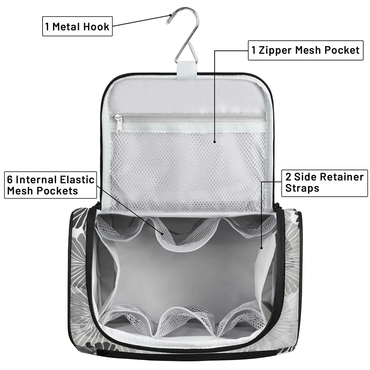 Light Gray Floral Hanging Toiletry Bag for Women & Girls - Multi-Compartment Cosmetic Makeup Organizer - Large Travel Toiletry Bag with Hanging Hook - Perfect for Travel, Camping & Gym Essentials