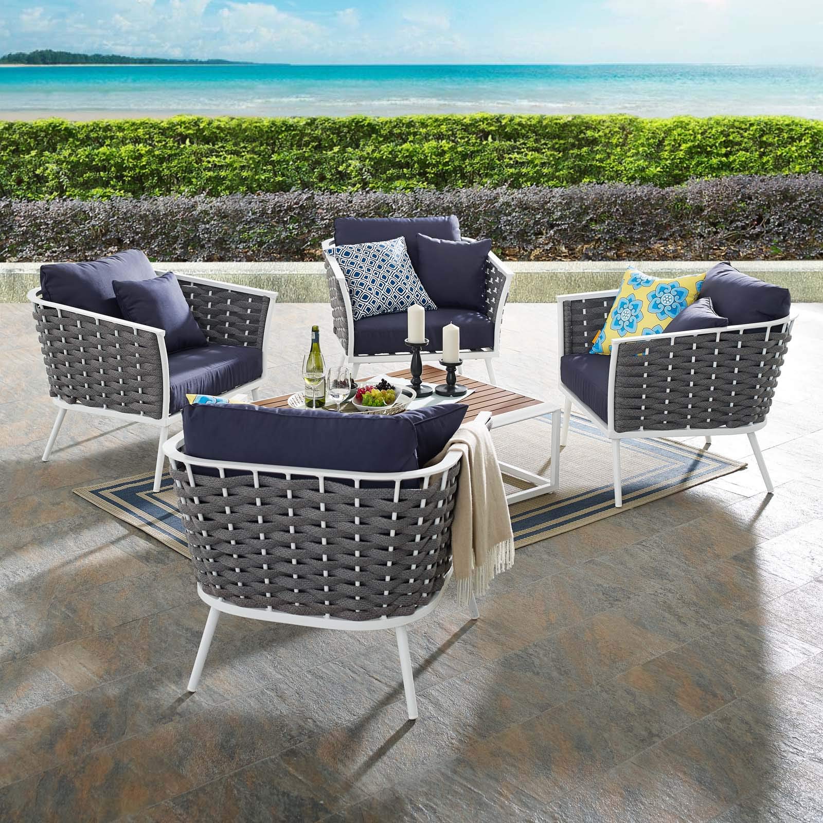 Modway Stance 5-Piece Outdoor Patio Sectional Sofa Set - Aluminum Frame, White & Navy Cushions - Perfect for Backyard, Poolside & Garden Relaxation