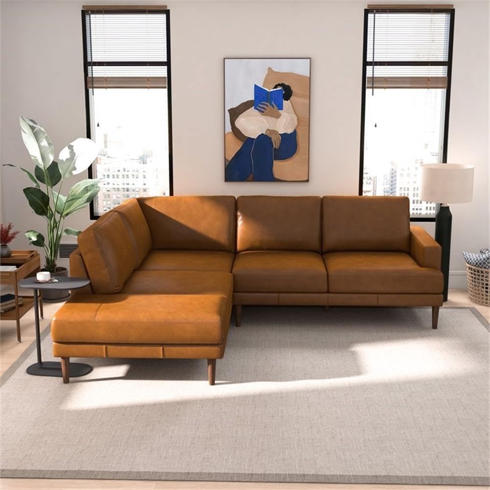 ASHCROFT Aplee Pillow Back Genuine Leather Upholstered Left-Facing Tan Sectional Sofa - Perfect for Living Room, Family Room & Home Theater Seating