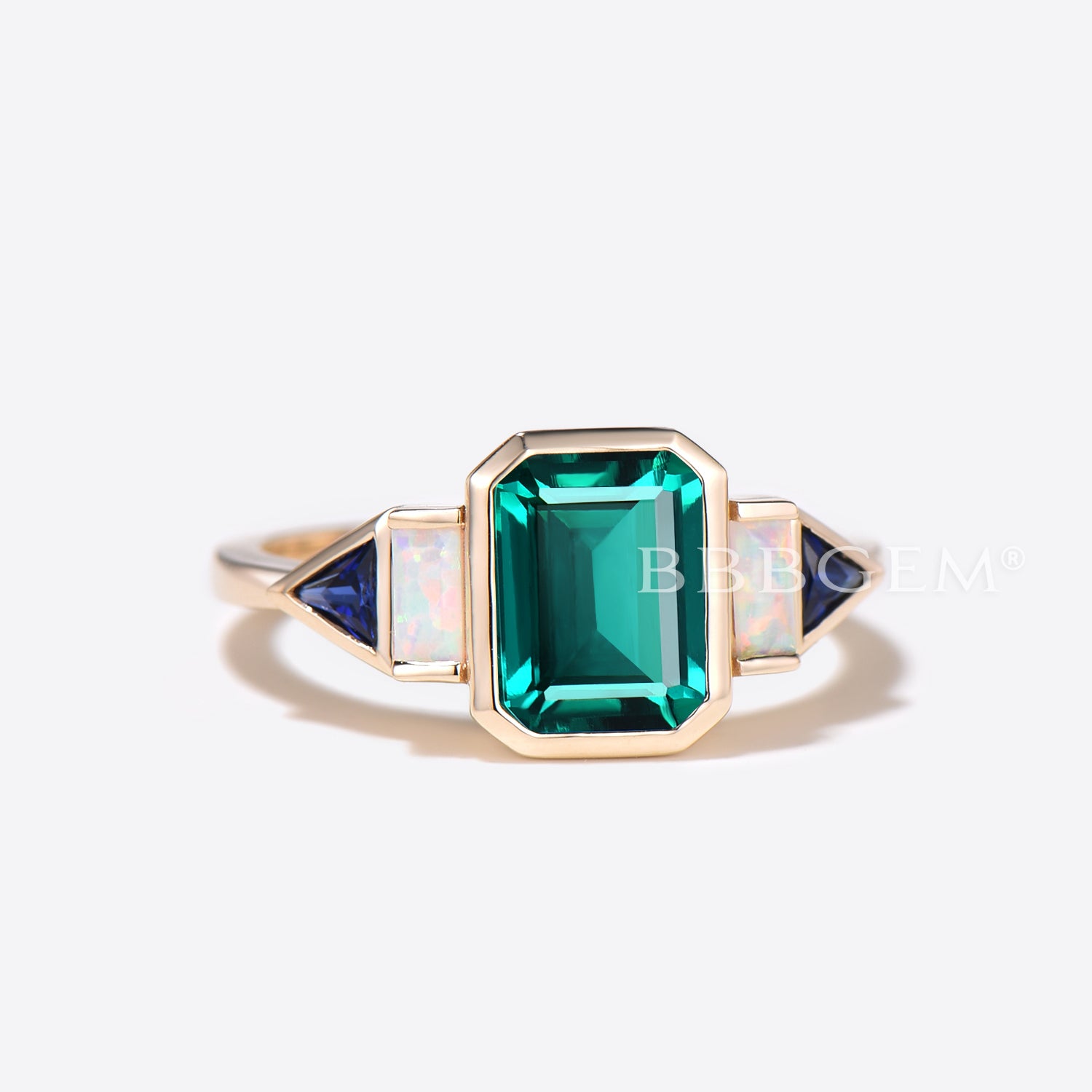 Exquisite Bezel Set Emerald Cut 5 Stone Engagement Ring with Opal & Sapphire Accents - Perfect for Weddings, Anniversaries & Special Occasions