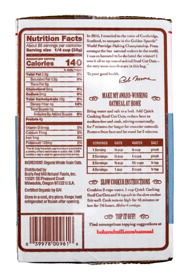 Organic Quick Cooking 100% Whole Grain Rolled Oats by Bob's Red Mill - 112oz (3.17kg) Bulk Pack | High Fiber Breakfast Cereal for Oatmeal, Baking & Smoothies | Gluten-Free & Non-GMO | Perfect for Overnight Oats & Healthy Recipes