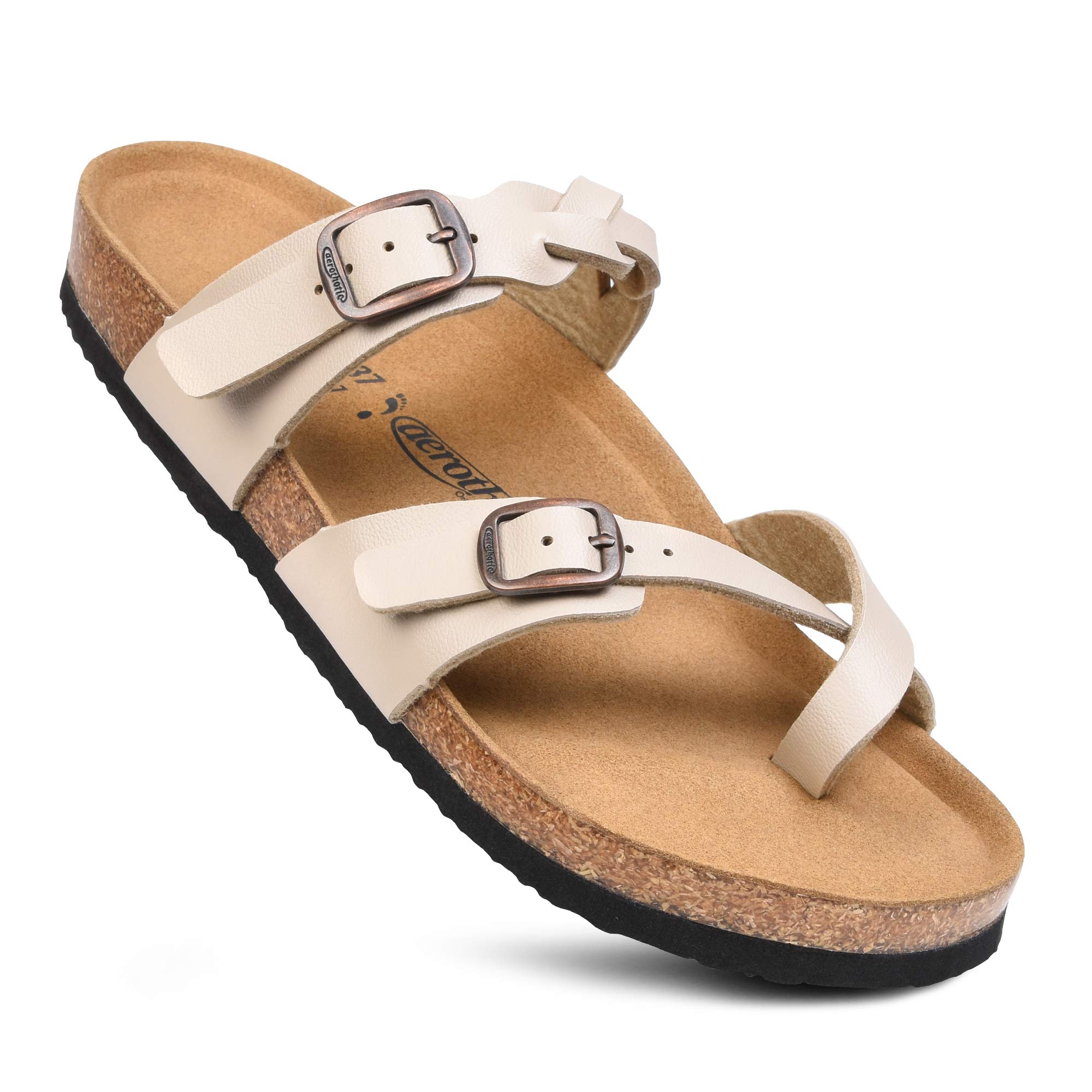 AEROTHIC Women's Strappy Slip-On Sandals with Memory Foam Cushion & Cork Footbed - Adjustable Buckle, Arch Support for All-Day Comfort - Perfect for Beach, Pool, Travel and Casual Wear