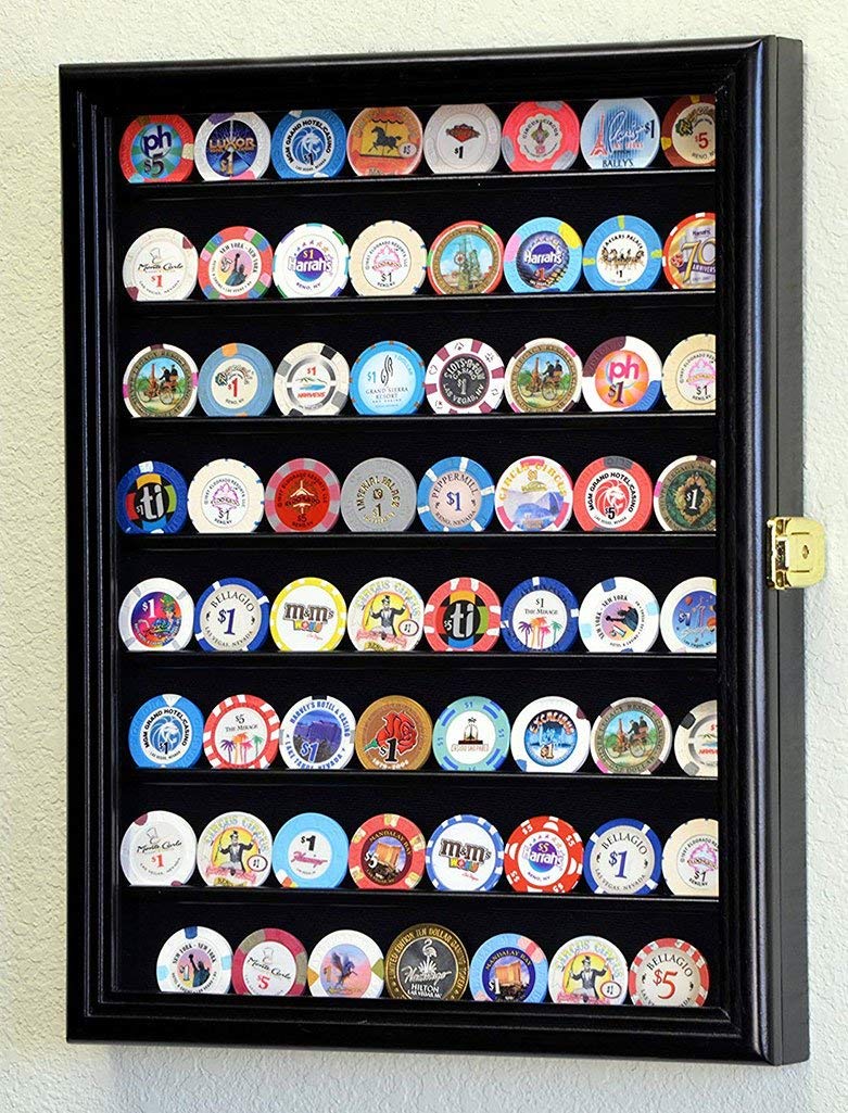 64 Slot Casino Chip Display Case with Lock - UV Protected Wall Mounted Cabinet for Poker Chips & Coin Collection - Perfect for Home Game Rooms & Casino Themed Decor