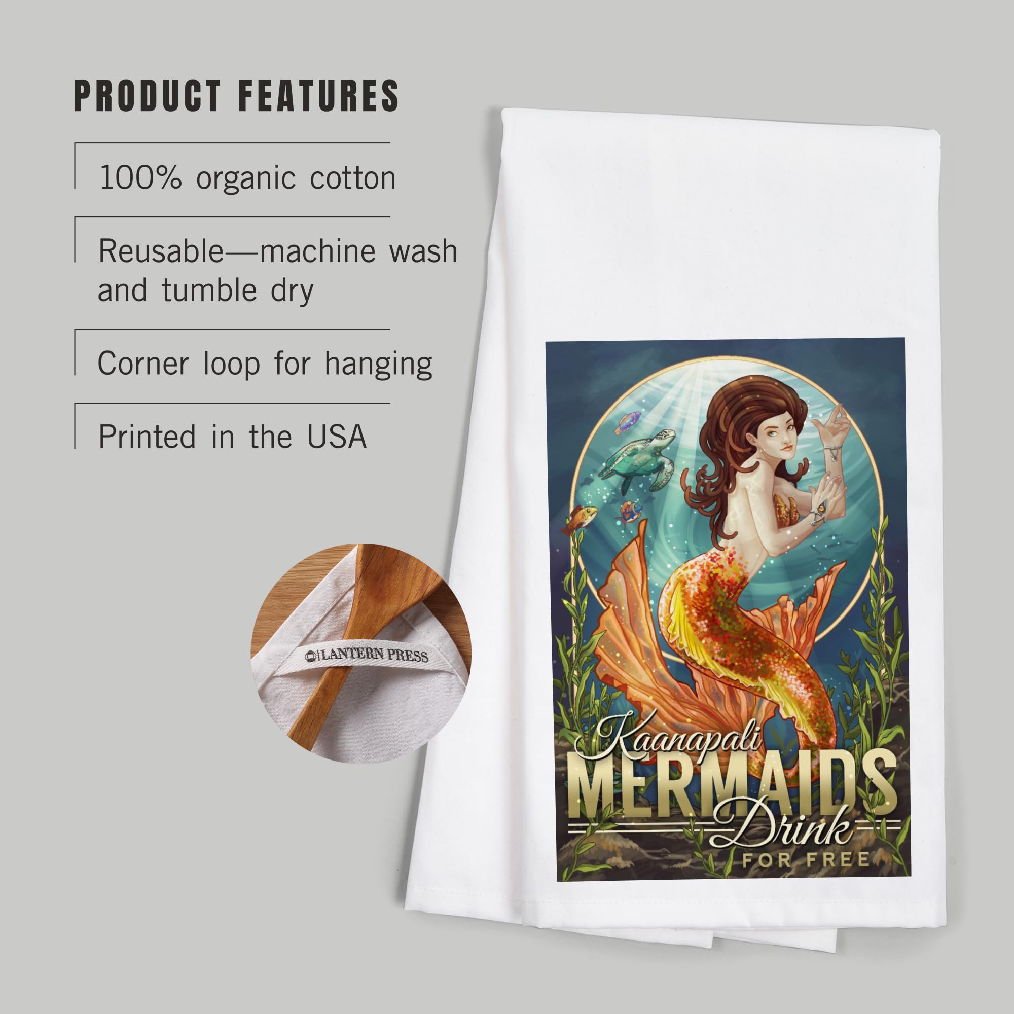 Lantern Press Kaanapali Hawaii Mermaids Drink Free 100% Cotton Tea Towel - Decorative Hand Towel for Kitchen & Home Decor - Perfect for Beach House, Coastal Decor & Gift Giving