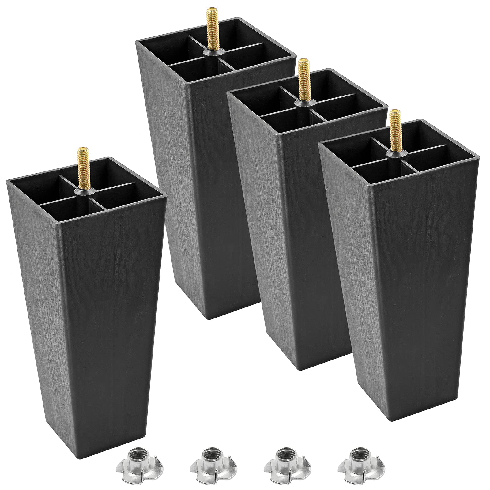 8 Inch Black Plastic Square Furniture Legs - Set of 4 M8 Replacement Feet for Sofa, Couch, Armchair, Bed, Cabinet & Desk - Mid Century Modern Style Home Decor Upgrade for Living Room, Bedroom & Office