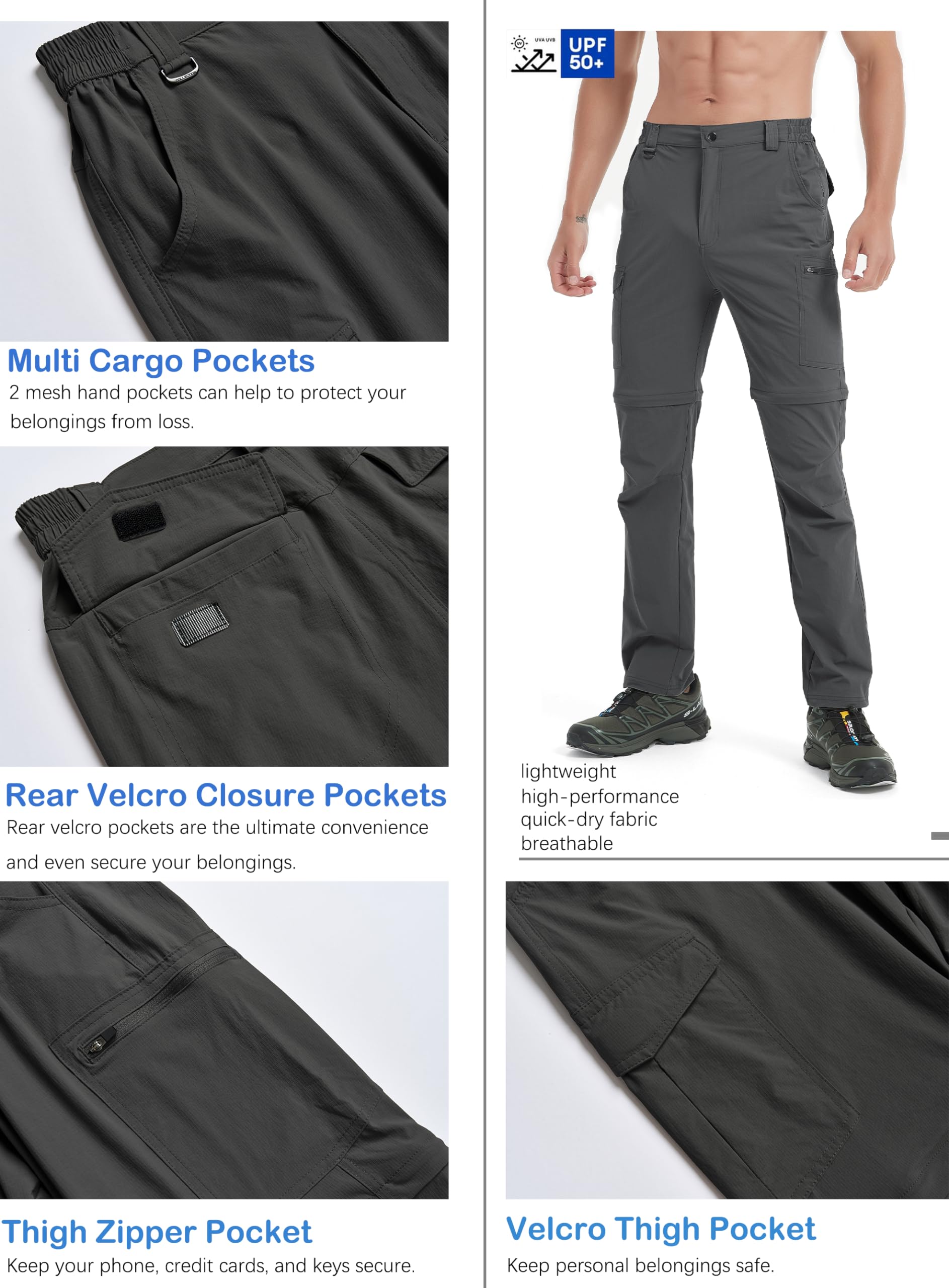 **Men's Convertible Hiking Pants - Waterproof, Quick Dry, Lightweight Outdoor Pants for Hiking, Fishing, Safari & Travel - Zip-Off Cargo Work Pants for Adventure & Everyday Use**