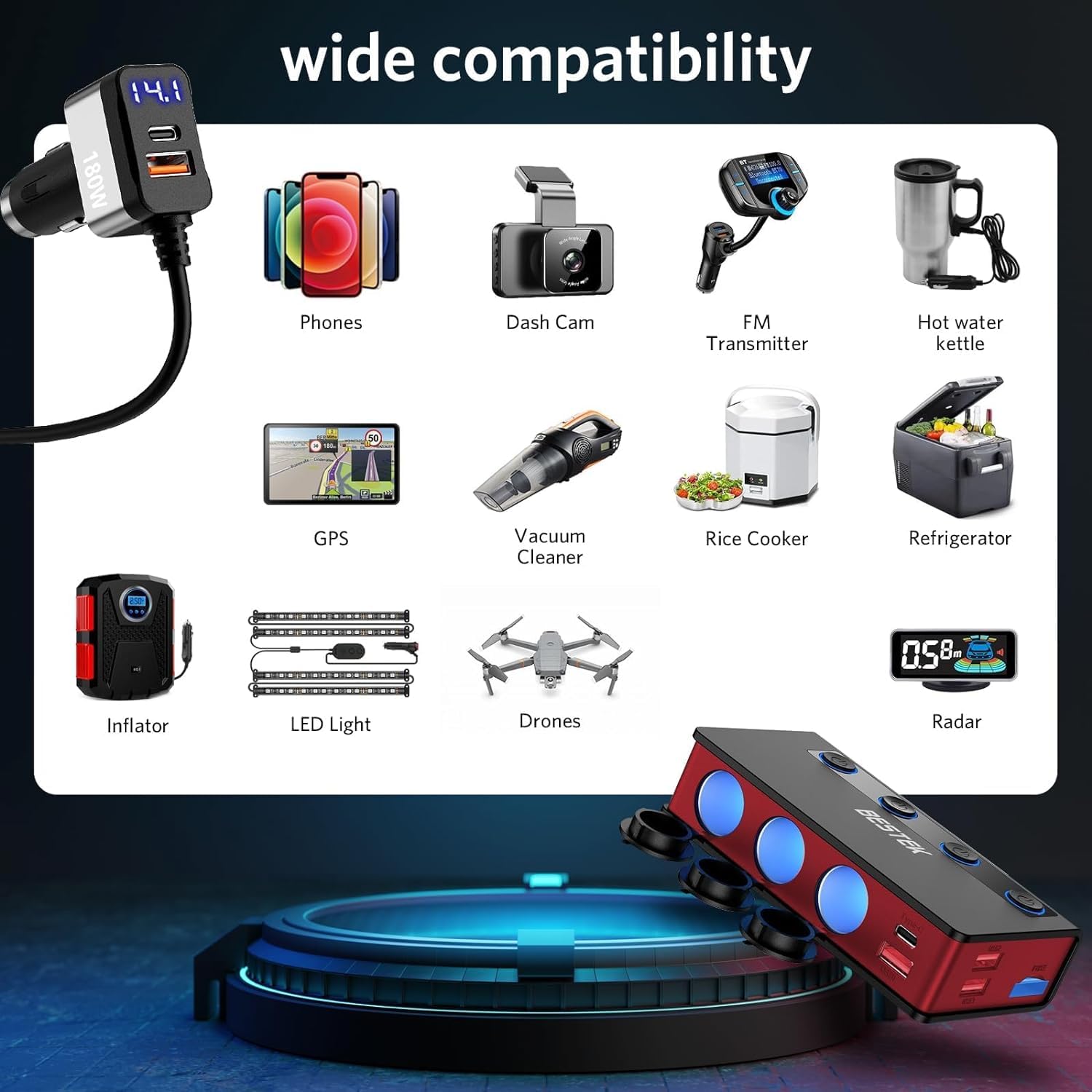 BESTEK 3 Outlet Car Charger Adapter with 6 USB Ports (USB-C PD & QC3.0) - 180W 12V/24V Cigarette Lighter Power Inverter with LED Display for iPhone, Dash Cam, GPS - Perfect for Road Trips & Travel (Red)