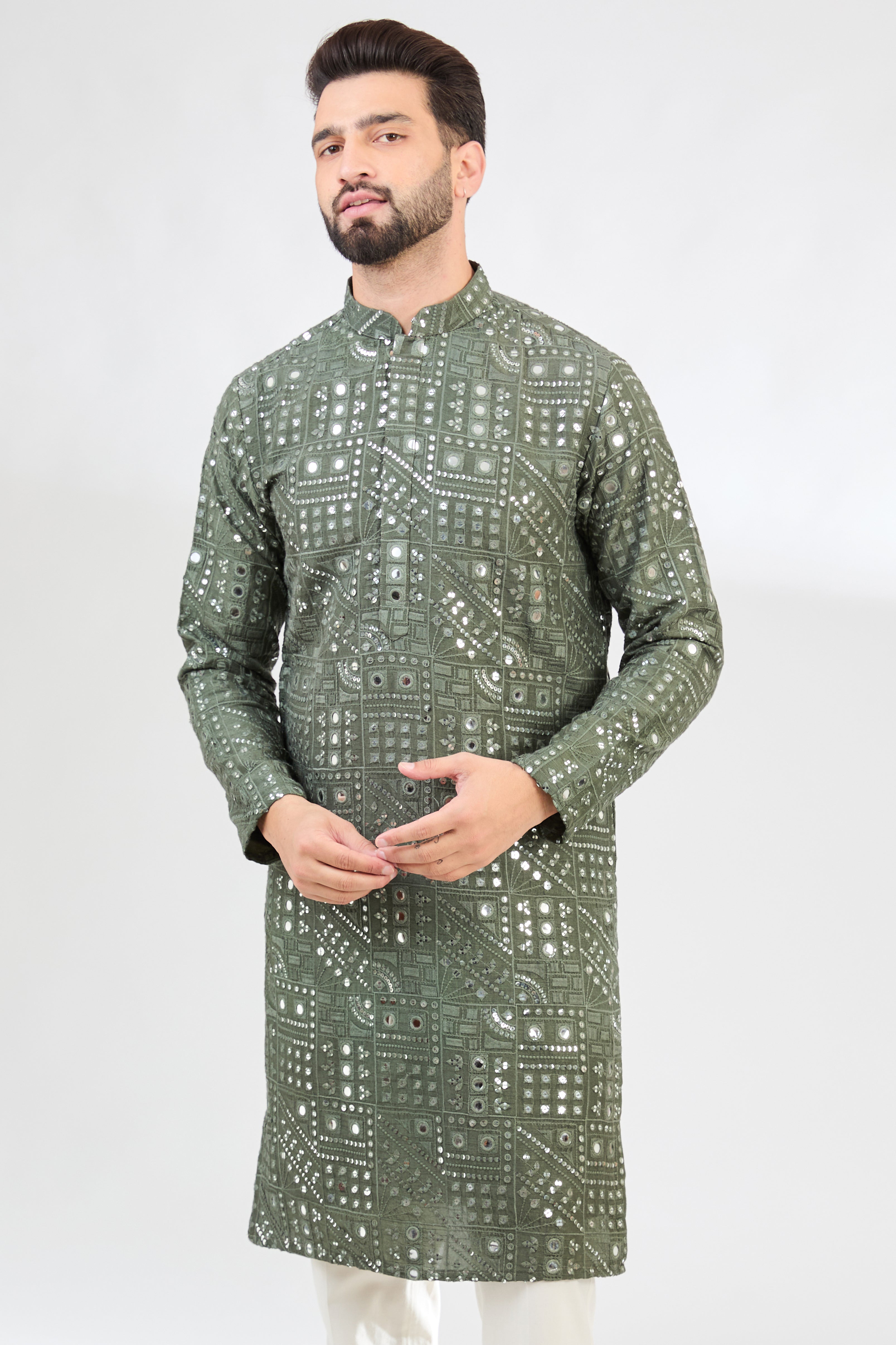 Military Green Mirror Work Kurta for Women - Stylish Ethnic Embroidered Tunic Top - Perfect for Festivals, Weddings & Casual Wear
