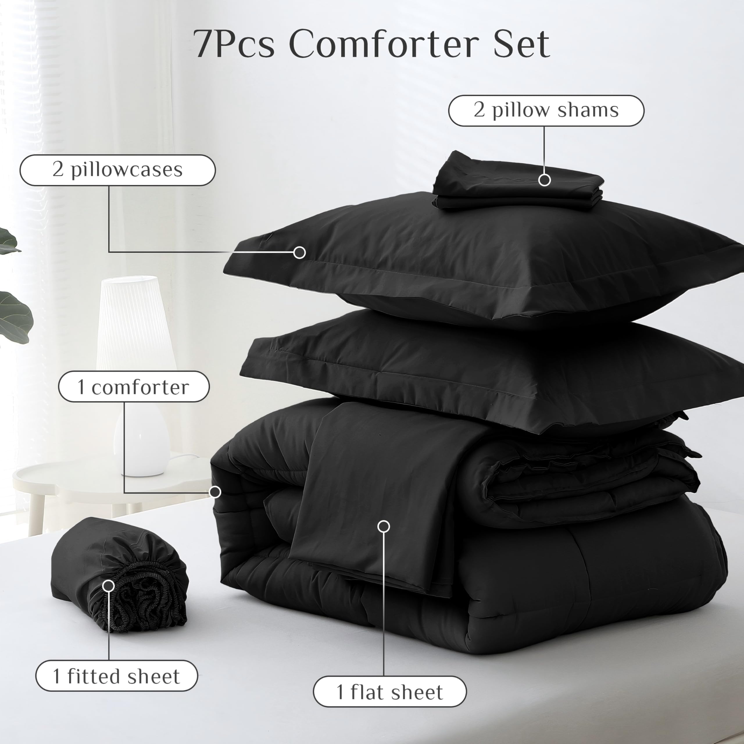 JOLLYVOGUE 7-Piece Queen Comforter Set - Ultra Soft Black Bed in a Bag | Goose Down Alternative | Premium 1800 Series with Comforter, Sheets, Shams & Pillowcases - Perfect for Master Bedroom, Guest Room & Cozy Home Decor