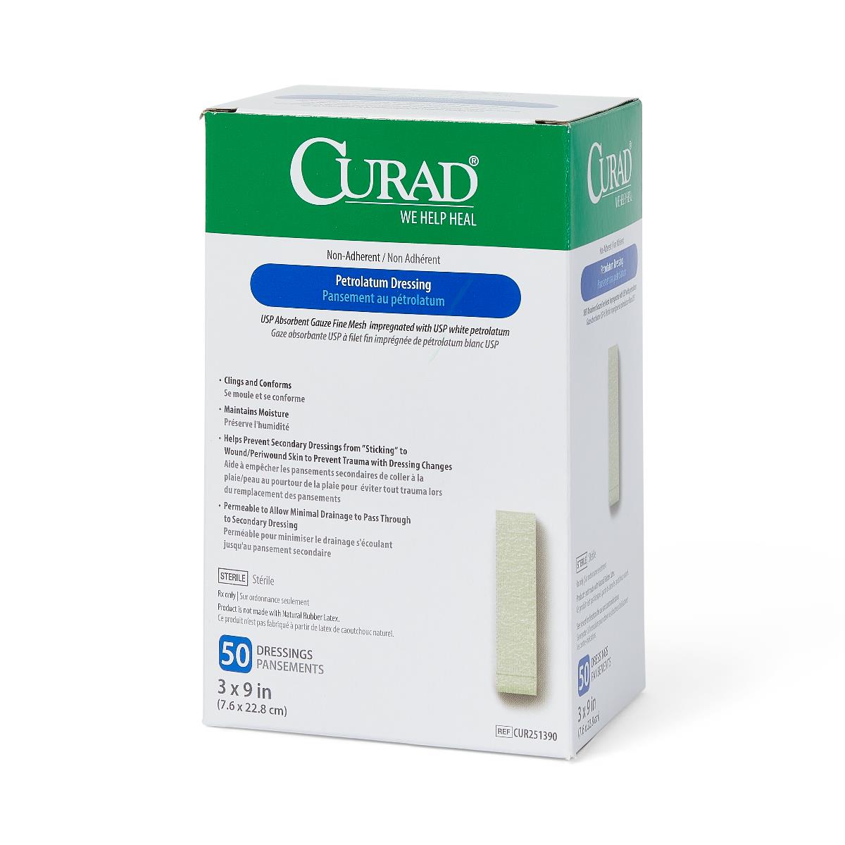 CURAD Sterile Non-Adherent Petrolatum Gauze Dressing 3x9 Inches, Box of 50 | First Aid Wound Care for Burns, Cuts & Abrasions | Medical Grade Bandage Pads for Healing & Protection