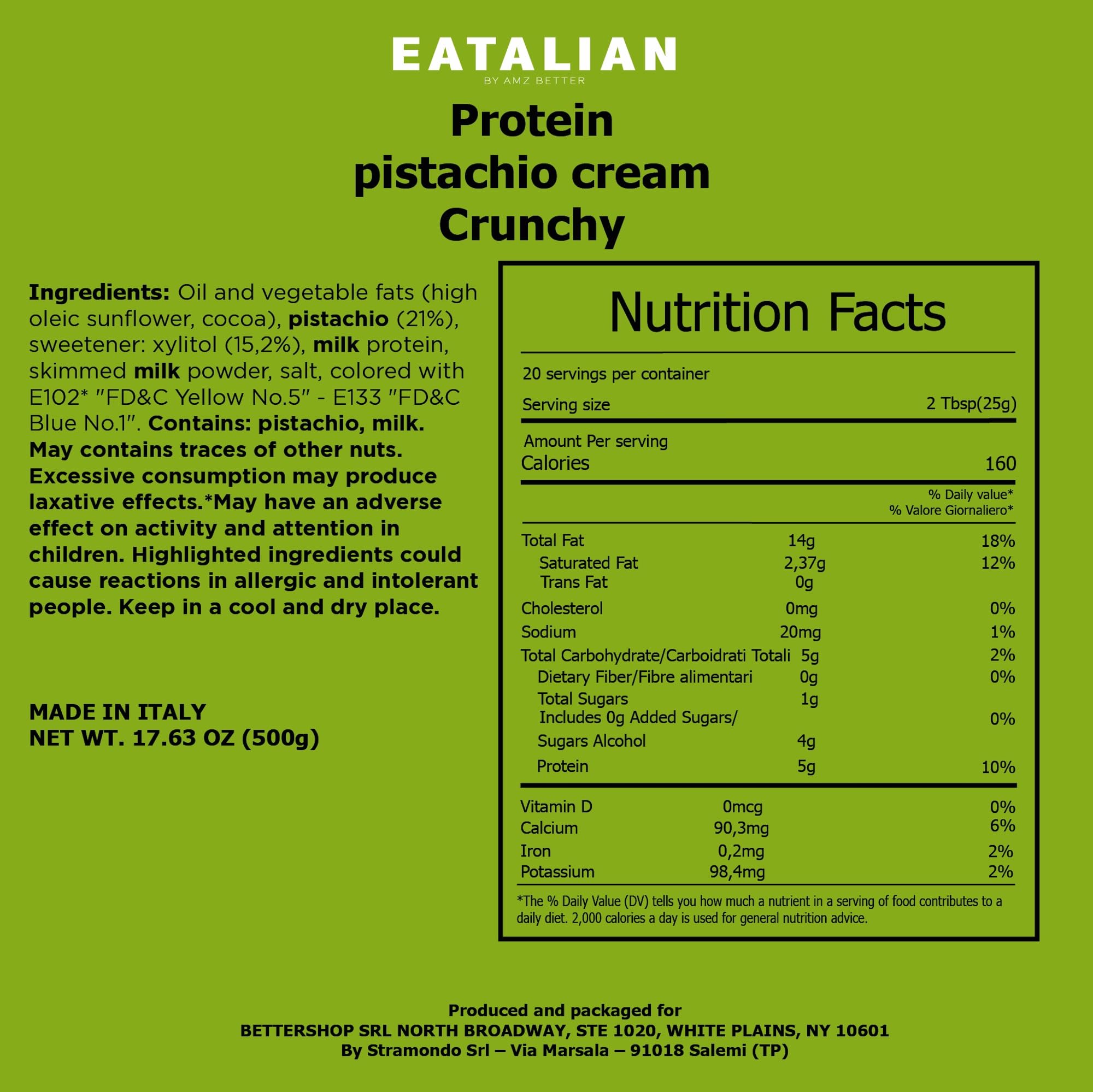 EATALIAN by AMZ BETTER Spreadable Crunchy Pistachio Protein Cream 17.63 oz (500g) - Italian Pistachio Butter with Protein & Grains, Sweet Nutty Flavor - Perfect for Toast, Pastry Filling, Baking & Healthy Snacks - Made in Italy