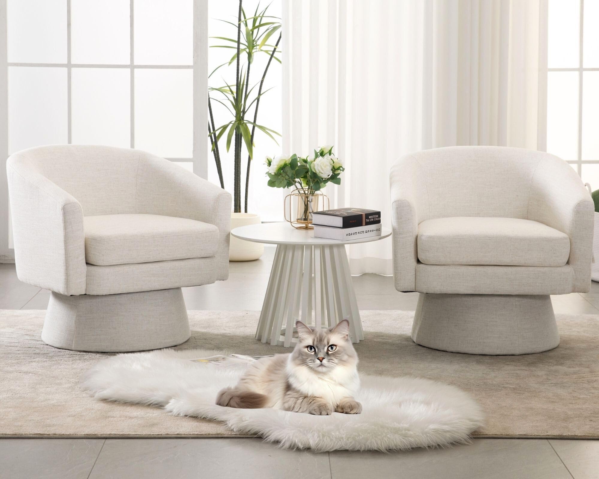 Modern Swivel Beige Accent Chairs Set of 2 - Linen Upholstered Barrel Chairs with Sherpa Back, Cozy Vanity Armchairs for Living Room, Bedroom & Reading Nook - Round Lounge Club Side Chairs for Home Decor & Relaxation