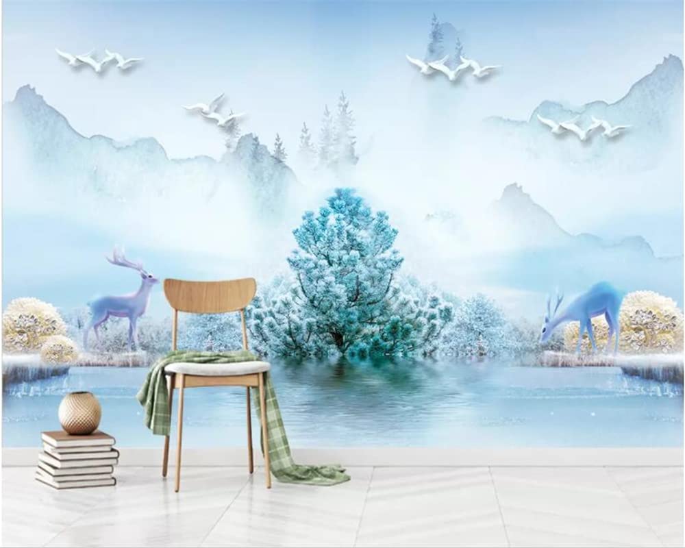 Nordic Forest Elk Oil Painting Abstract Landscape Wall Mural - 3D Forest Lake Wall Art Sticker (137.8x100 inches) Wrinkle-Free Decor for Living Room, Bedroom & Office Background