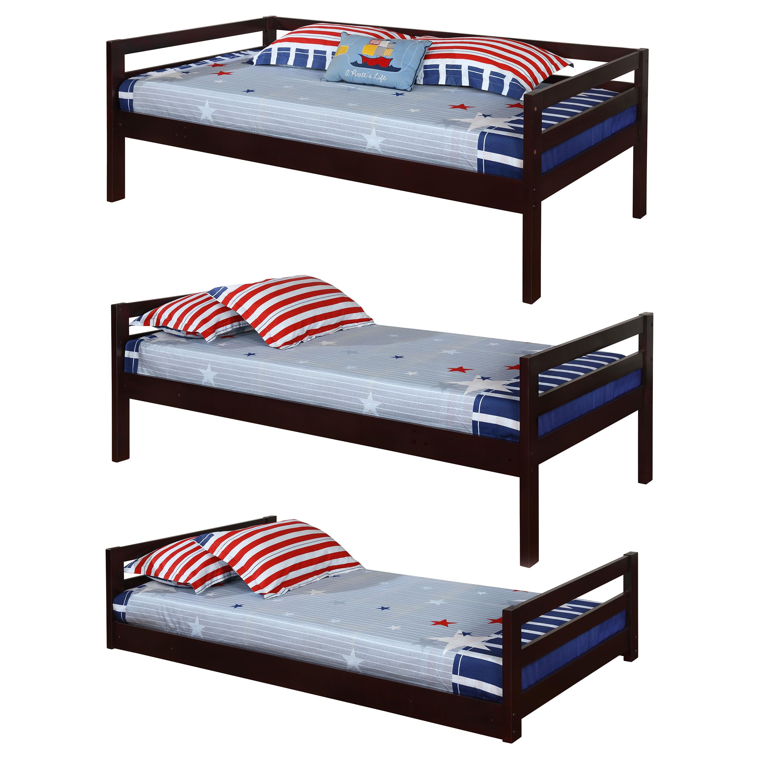 Coaster Home Furnishings Triple Bunk Bed Frame - Twin Over Twin Over Twin Size, Wood Construction with Ladder & Guardrails, Cappuccino Finish - Perfect for Kids' Bedrooms, Dorms, and Space-Saving Home Solutions