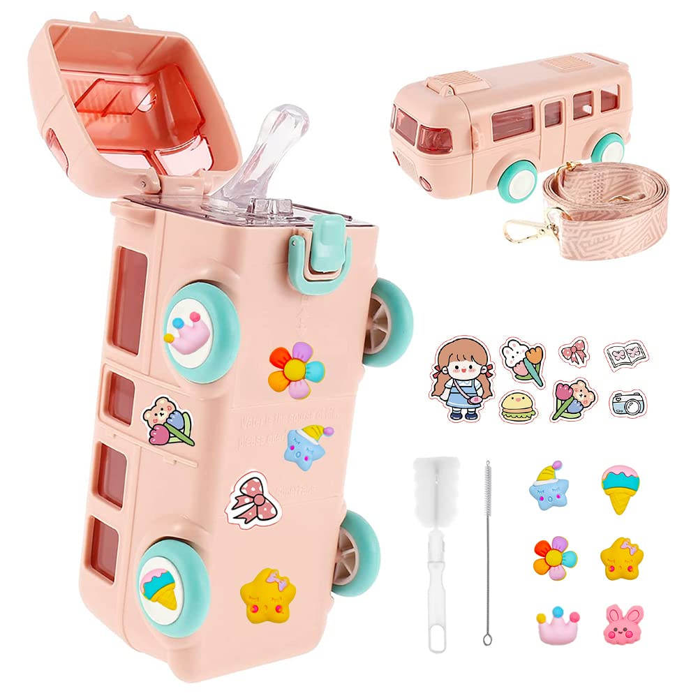 FUNDISINN 16oz Kids Water Bottle with Detachable Straw & Shoulder Strap - Leakproof Cartoon Bus Design Water Cup with Wheels - Perfect for School, Travel & Outdoor Activities (Pink, Gift Ready)