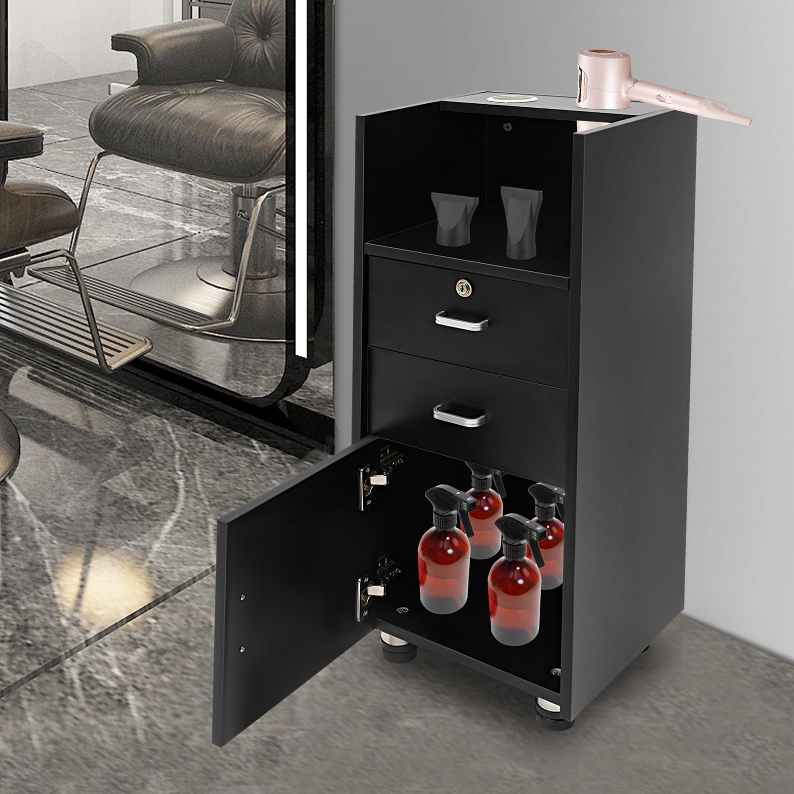 5-Tier Barber Station Storage Cabinet with 2 Drawers & Hair Dryer Holders - Professional Salon Hair Stylist Utility Organizer for Tools & Accessories - Perfect for Home & Commercial Barber Shops, Black