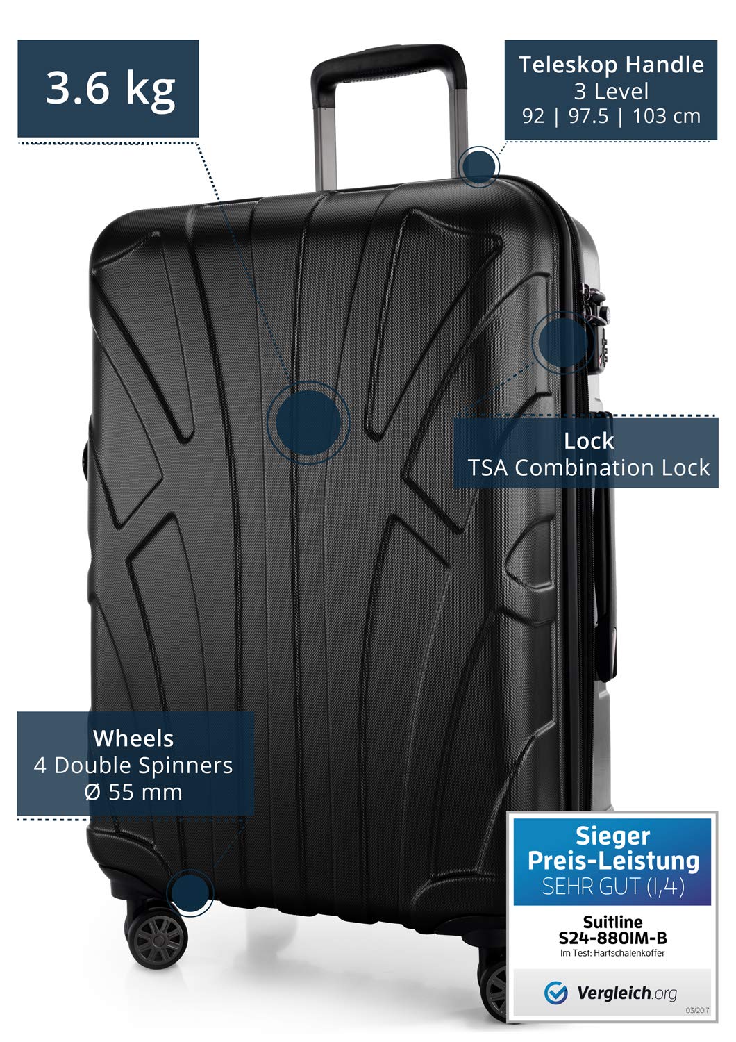 Suitline 26-Inch Black Hardshell Luggage Suitcase with Spinner Wheels - Lightweight & Durable for Travel, Business Trips, and Vacations