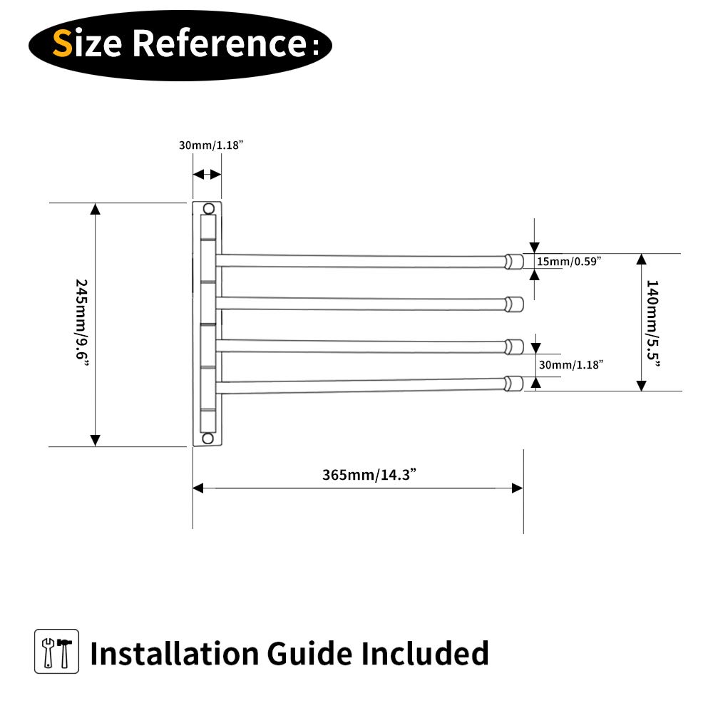 GERZWY 4-Arm Swivel Towel Bar - 304 Stainless Steel Bathroom Swing Hanger, Space Saving Wall Mount Towel Rack Holder & Storage Organizer in Matte Black (HYG04-BK) - Perfect for Small Bathrooms, Laundry Rooms & Spa Areas