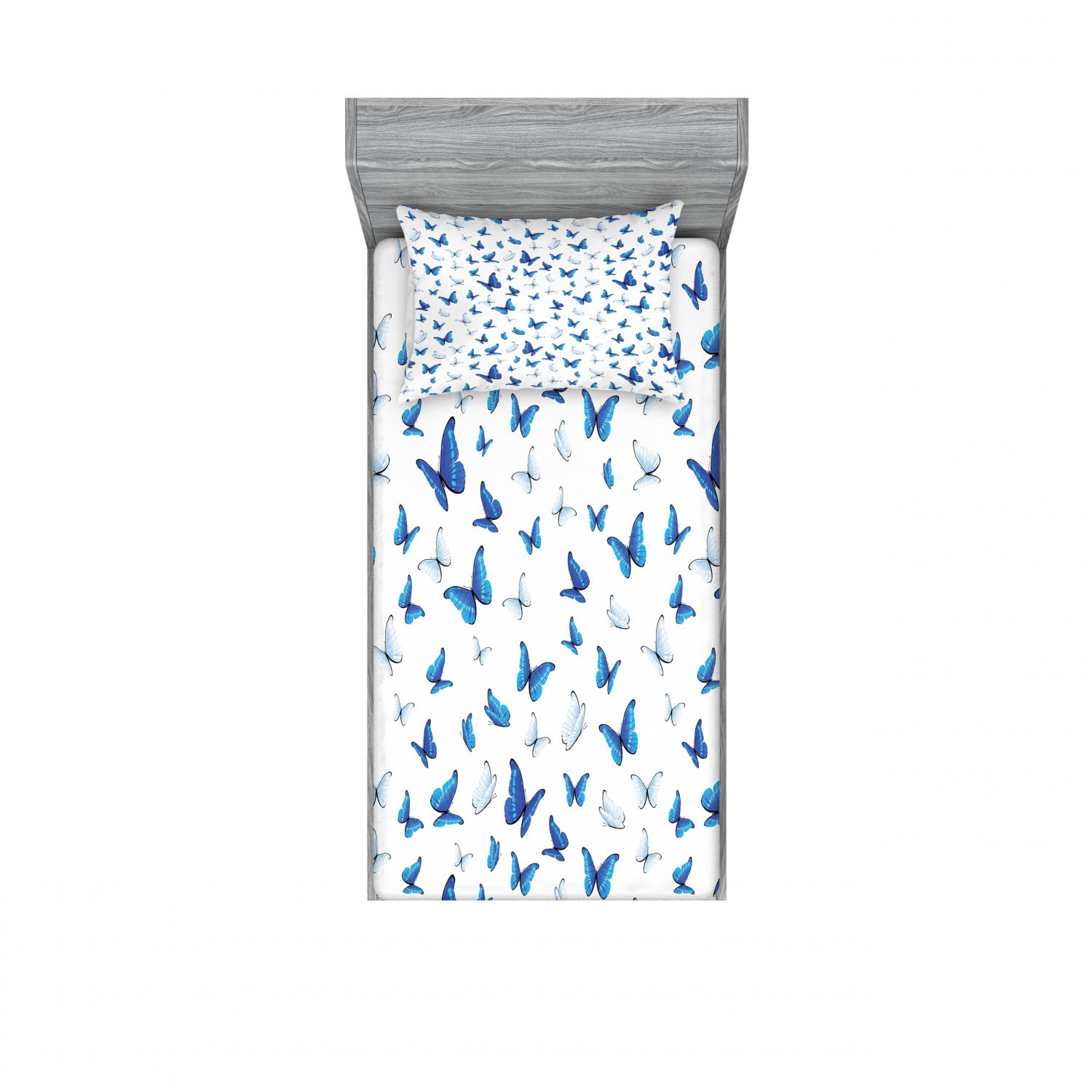 Ambesonne Butterfly 2-Pack Twin Fitted Sheet & Pillow Sham Set - Rainforest Wilderness Blue White Black Bedding Decor (4-Piece) | Soft & Breathable for Kids Room, Guest Bed, Dorm Decor