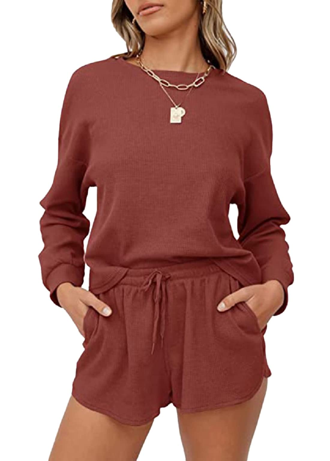 Women's Waffle Knit Pajama Set 2-Piece Loungewear with Pockets - Long Sleeve Top & Shorts - Casual Sweatsuit & Sports Outfit for Home, Yoga, and Relaxation