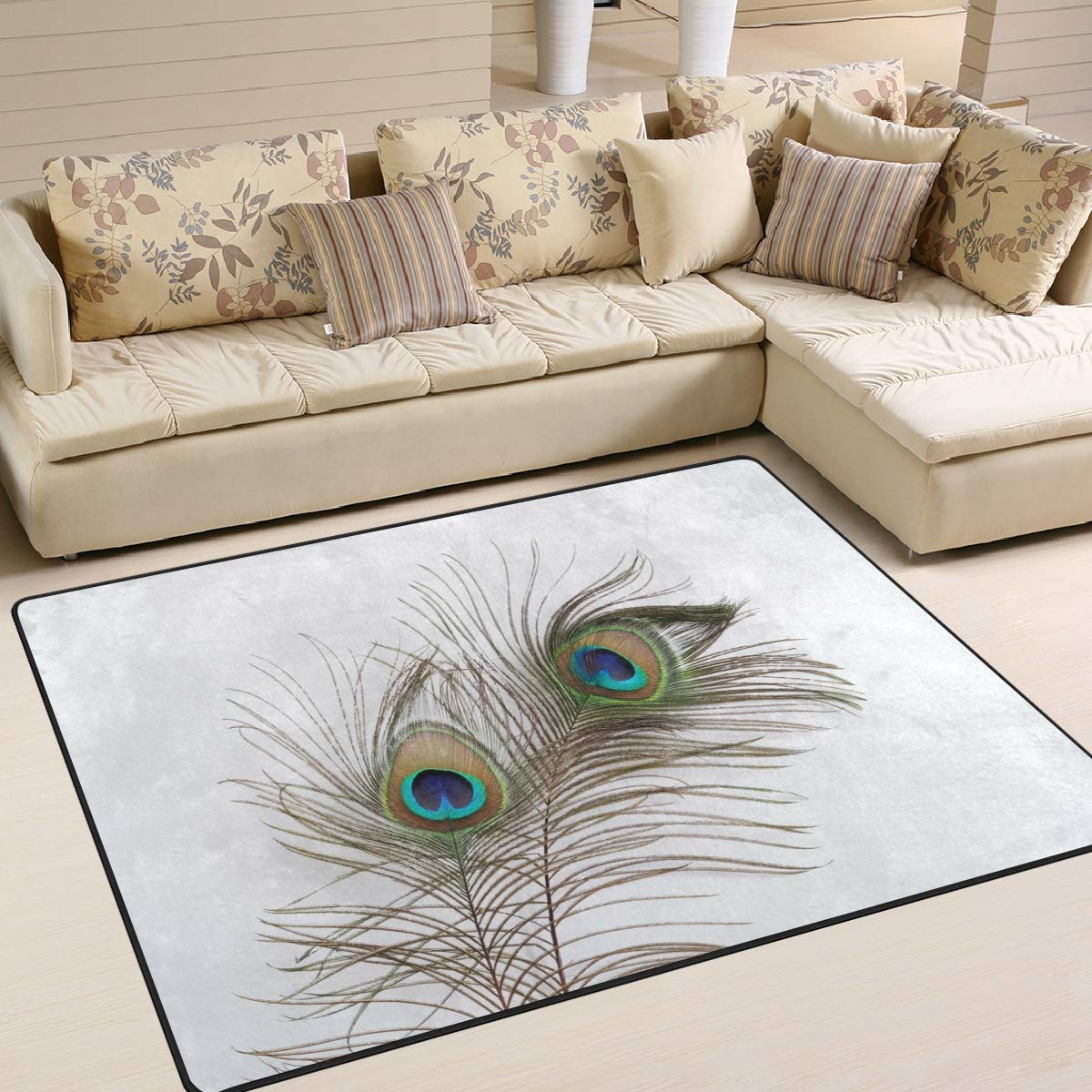ALAZA Peacock Feather White Bohemian Area Rug 7' x 5' - Soft Handmade Vintage Style Carpet for Living Room, Bedroom, Nursery & Home Decor | Boho Chic Floor Mat for Cozy Spaces