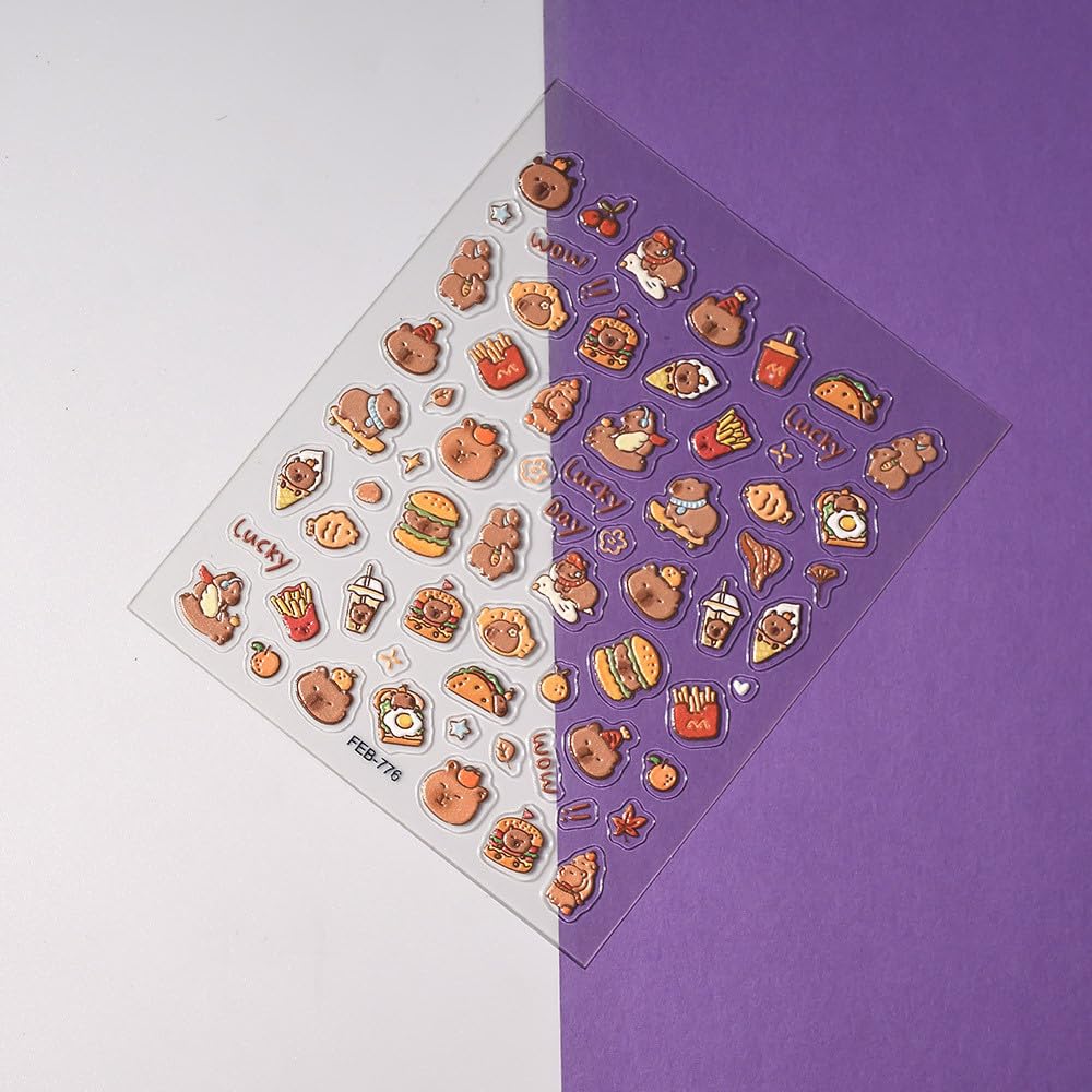 3D Capybara Nail Stickers - Cute Cartoon Animal Nail Art Decals for Kids, Embossed French Fries Design (FEB-776) | Perfect for Birthday Parties, DIY Manicures & Nail Art Enthusiasts