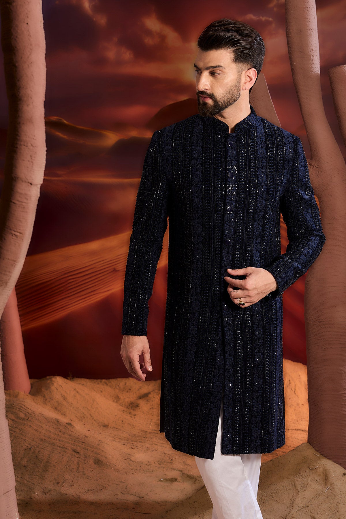 Elegant Navy Blue Sherwani for Men - Traditional Indian Wedding Attire with Intricate Cut Dana Embroidery - Perfect for Weddings, Festivals & Special Occasions