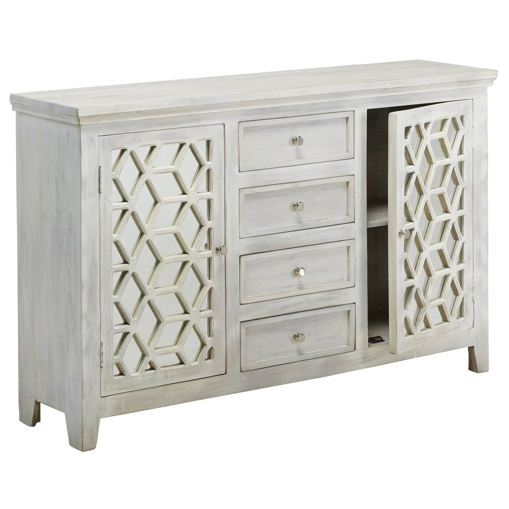 French Arched Hand Carved White Mirrored Sideboard with 4 Drawers & 2 Doors - Elegant Entryway Console & Dining Room Buffet for Home Decor